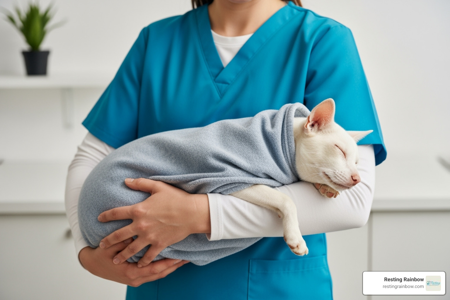 A compassionate staff member gently handling a pet wrapped in a soft blanket, emphasizing care and respect. - animal cremation