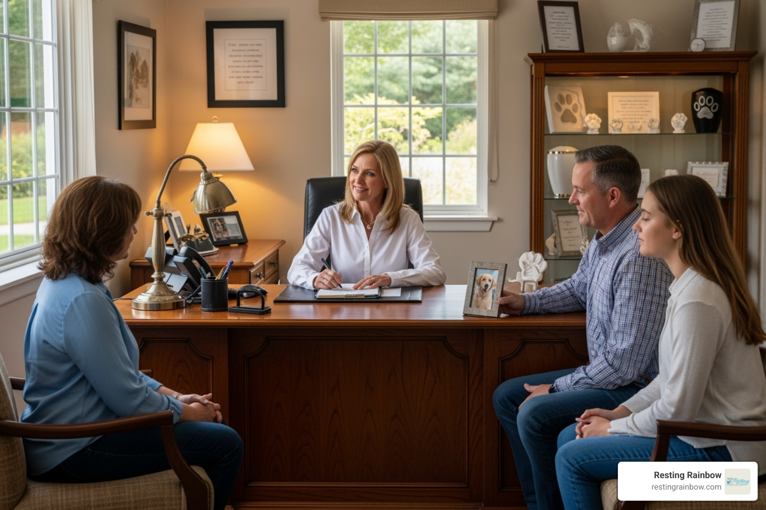 A compassionate pet funeral director from Resting Rainbow gently guiding a family through arrangements in a warm, welcoming setting. - funeral for dogs near me A compassionate pet funeral director from Resting Rainbow gently guiding a family through arrangements in a warm, welcoming setting. - funeral for dogs near me