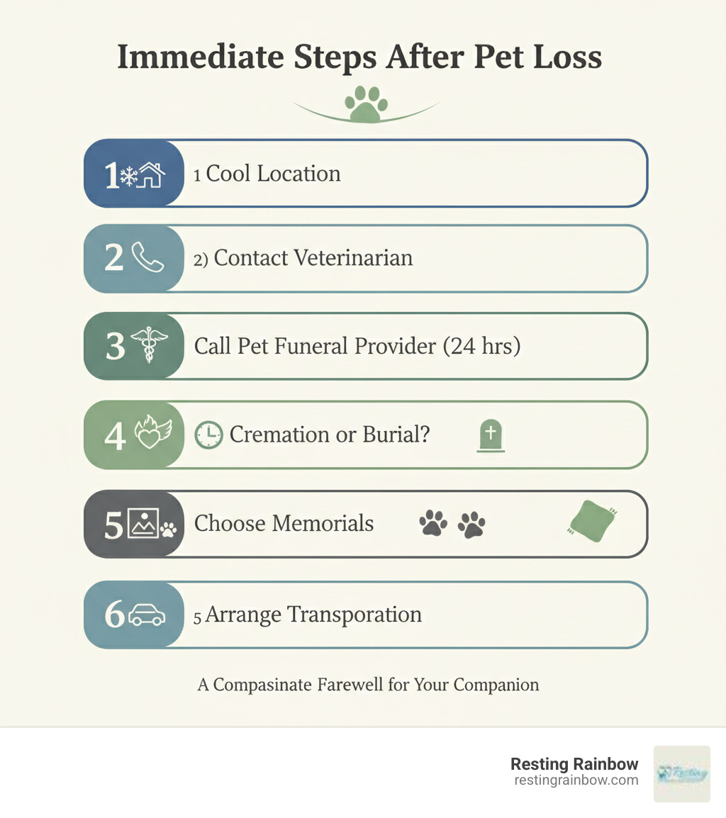 Infographic showing immediate steps after pet loss: 1) Keep your pet in a cool location if at home, 2) Contact your veterinarian for guidance and recommendations, 3) Call a pet funeral provider like Resting Rainbow within 24 hours, 4) Decide between cremation or burial services, 5) Choose memorial options that honor your pet's memory, 6) Arrange for respectful transportation of your pet - funeral for dogs near me infographic Infographic showing immediate steps after pet loss: 1) Keep your pet in a cool location if at home, 2) Contact your veterinarian for guidance and recommendations, 3) Call a pet funeral provider like Resting Rainbow within 24 hours, 4) Decide between cremation or burial services, 5) Choose memorial options that honor your pet's memory, 6) Arrange for respectful transportation of your pet - funeral for dogs near me infographic