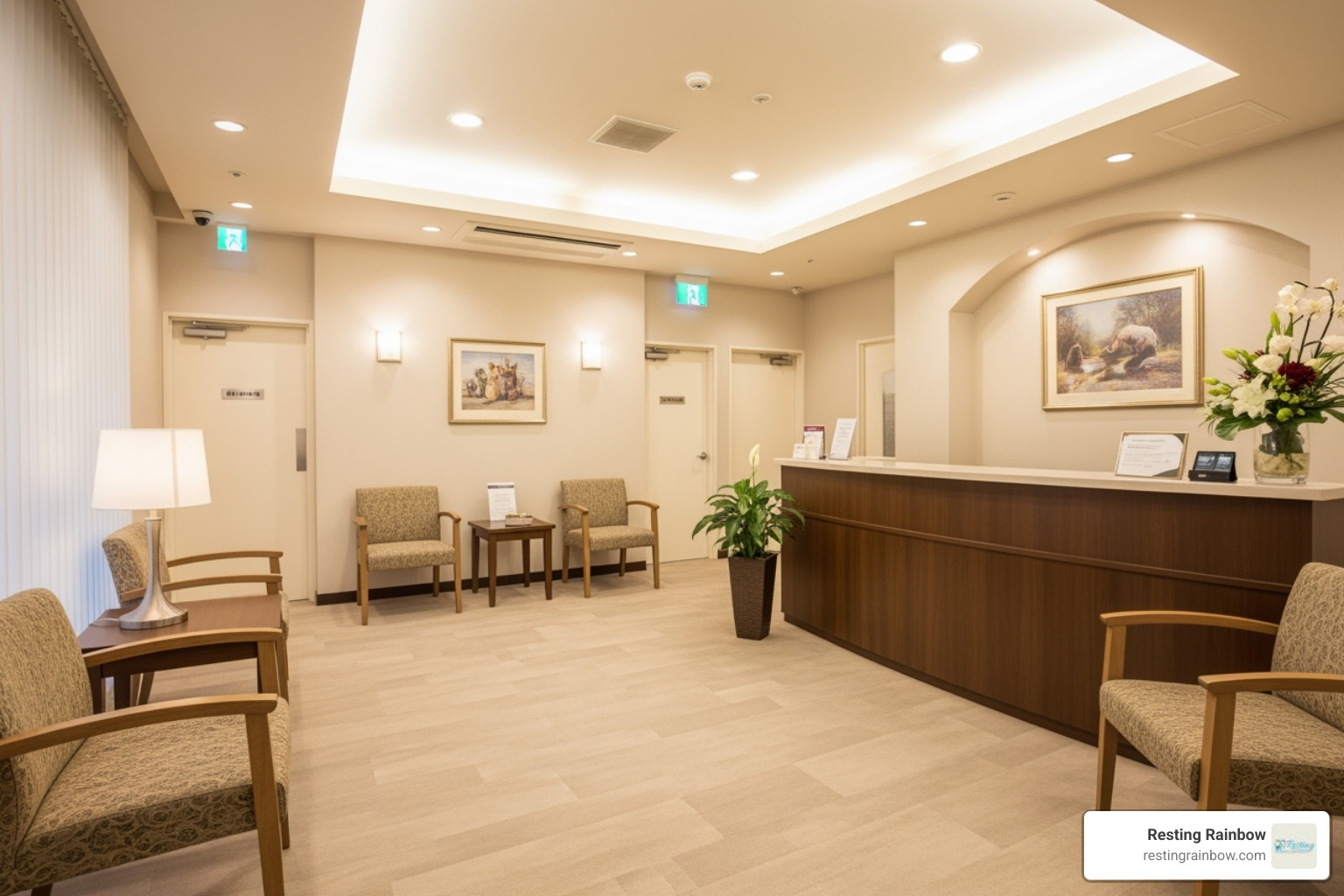 The clean, peaceful reception area of Resting Rainbow's pet funeral home, welcoming families with warmth and respect. - funeral for dogs near me The clean, peaceful reception area of Resting Rainbow's pet funeral home, welcoming families with warmth and respect. - funeral for dogs near me