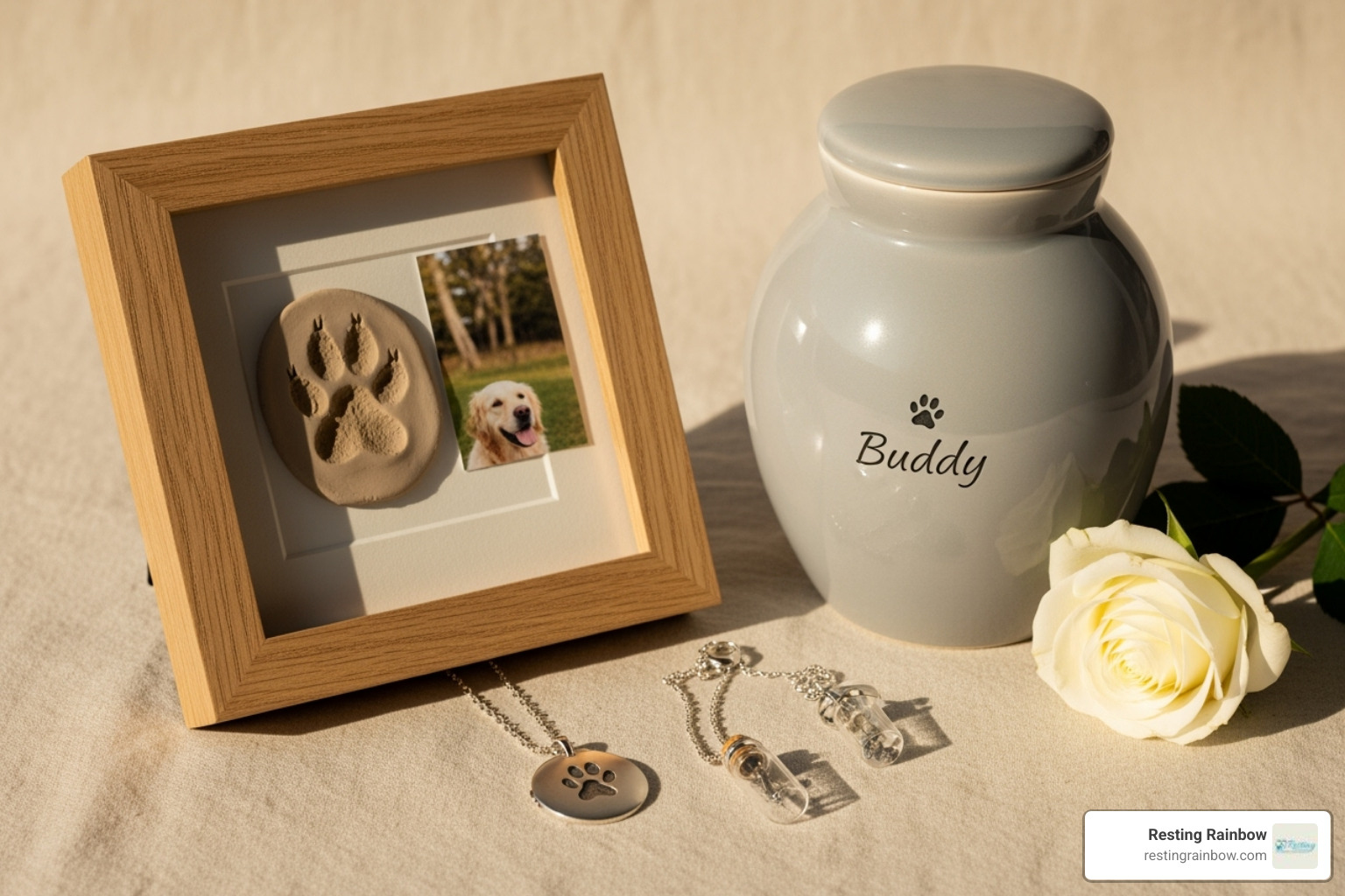 A collection of pet memorial items—custom urn, paw print frame, and cremation jewelry—displayed on a comforting background. - funeral for dogs near me A collection of pet memorial items—custom urn, paw print frame, and cremation jewelry—displayed on a comforting background. - funeral for dogs near me