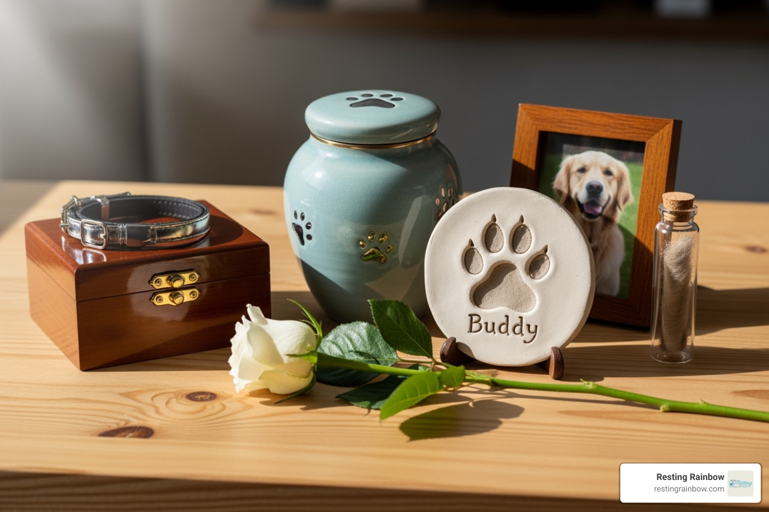 A display of pet urns and keepsakes, including a clay paw print and a decorative urn. Alt text: "A selection of pet urns and keepsakes, such as a clay paw print and decorative urns, for memorializing a beloved dog." - dog cremation cost A display of pet urns and keepsakes, including a clay paw print and a decorative urn. Alt text: "A selection of pet urns and keepsakes, such as a clay paw print and decorative urns, for memorializing a beloved dog." - dog cremation cost