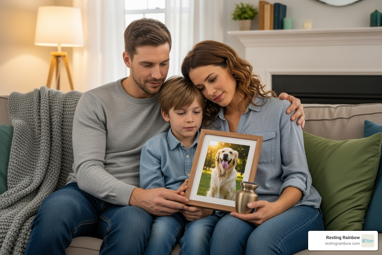 A family gathered around a framed photo and urn, sharing memories of their dog. Alt text: "A family remembering their dog with a framed photo and urn, honoring their pet’s memory together." - dog cremation cost A family gathered around a framed photo and urn, sharing memories of their dog. Alt text: "A family remembering their dog with a framed photo and urn, honoring their pet’s memory together." - dog cremation cost