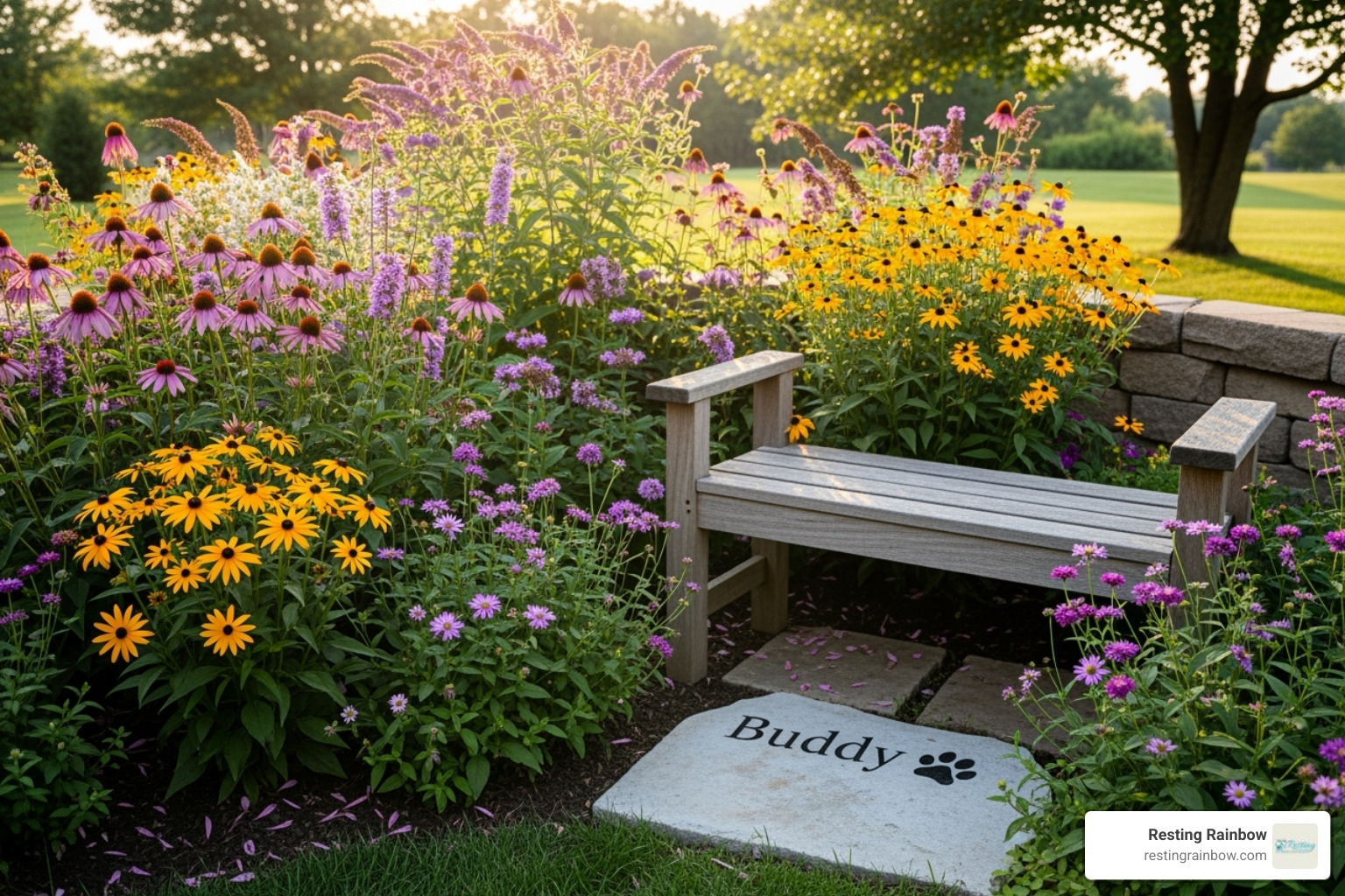 A beautiful backyard memorial garden featuring native flowers, a small bench, and a personalized stepping stone for a pet - eco friendly pet burial A beautiful backyard memorial garden featuring native flowers, a small bench, and a personalized stepping stone for a pet - eco friendly pet burial
