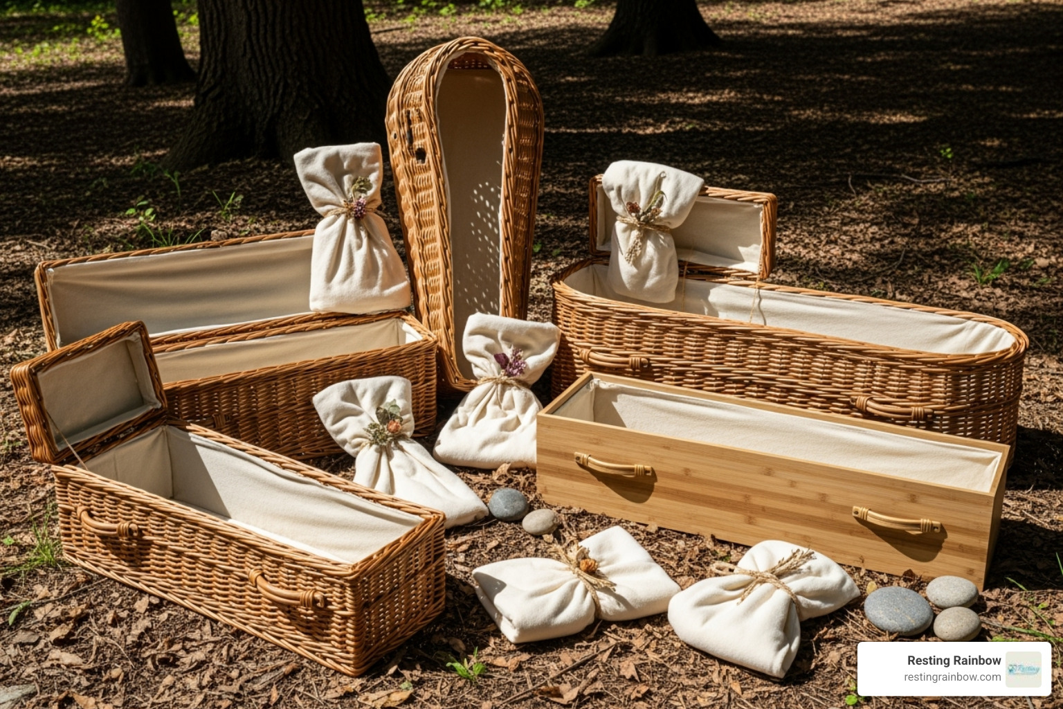 Various biodegradable pet caskets and shrouds made from wicker, bamboo, and natural cotton, arranged in a natural setting - eco friendly pet burial Various biodegradable pet caskets and shrouds made from wicker, bamboo, and natural cotton, arranged in a natural setting - eco friendly pet burial