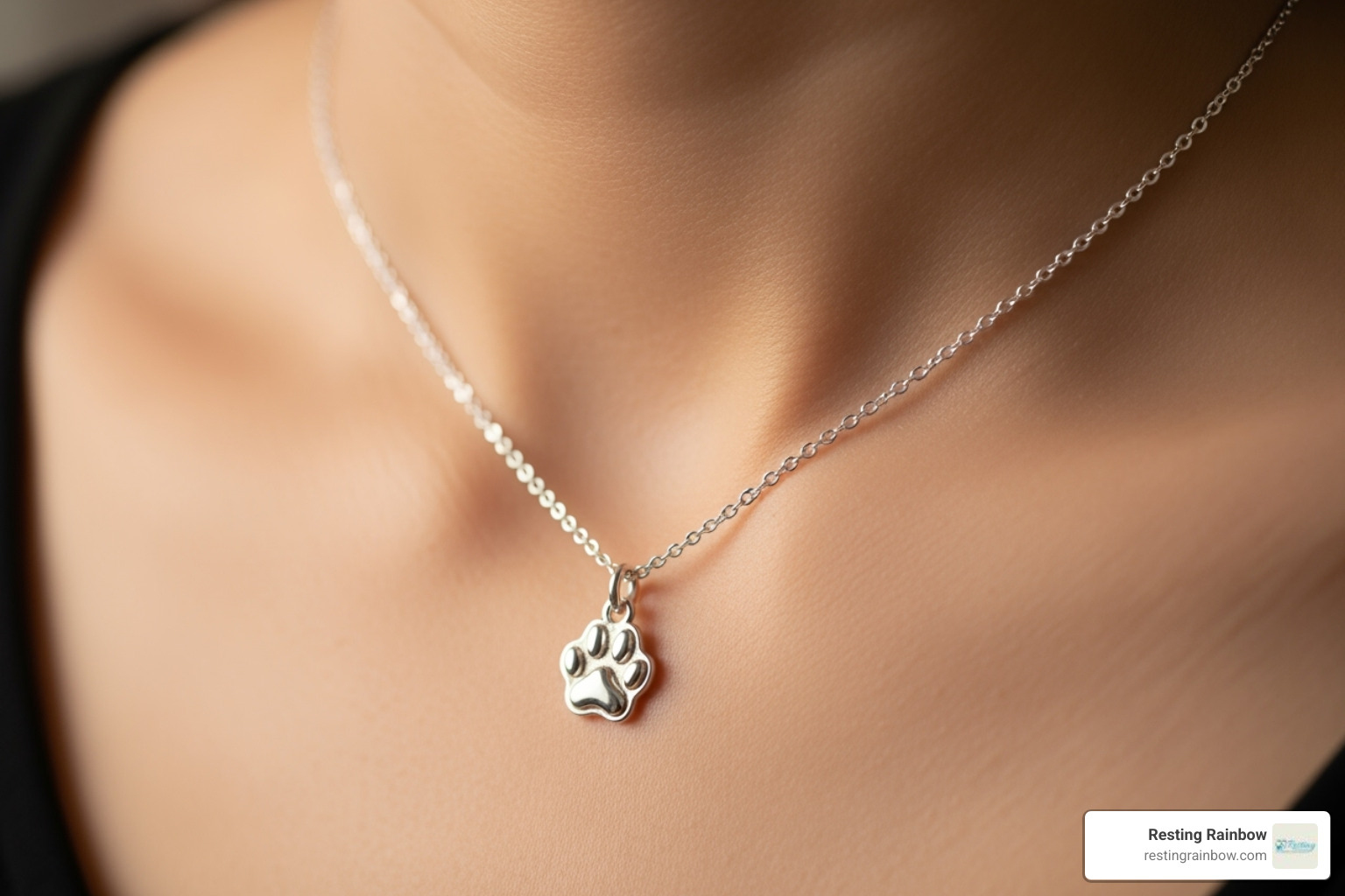 A person wearing a delicate silver necklace with a small, detailed paw print charm. - dog memory keepsake A person wearing a delicate silver necklace with a small, detailed paw print charm. - dog memory keepsake