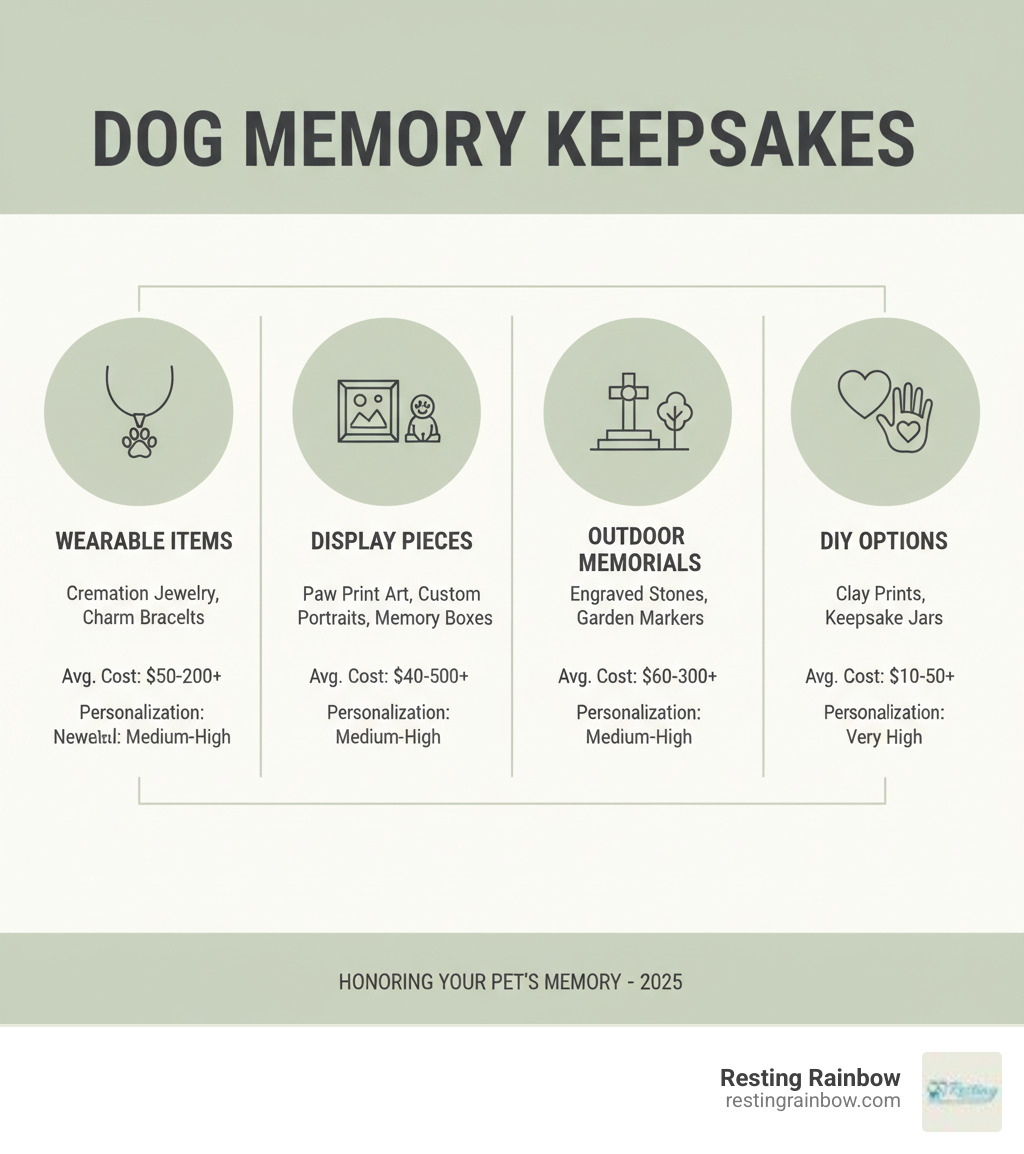Infographic showing different categories of dog memory keepsakes including wearable items, display pieces, outdoor memorials, and DIY options with average costs and personalization levels - dog memory keepsake infographic Infographic showing different categories of dog memory keepsakes including wearable items, display pieces, outdoor memorials, and DIY options with average costs and personalization levels - dog memory keepsake infographic