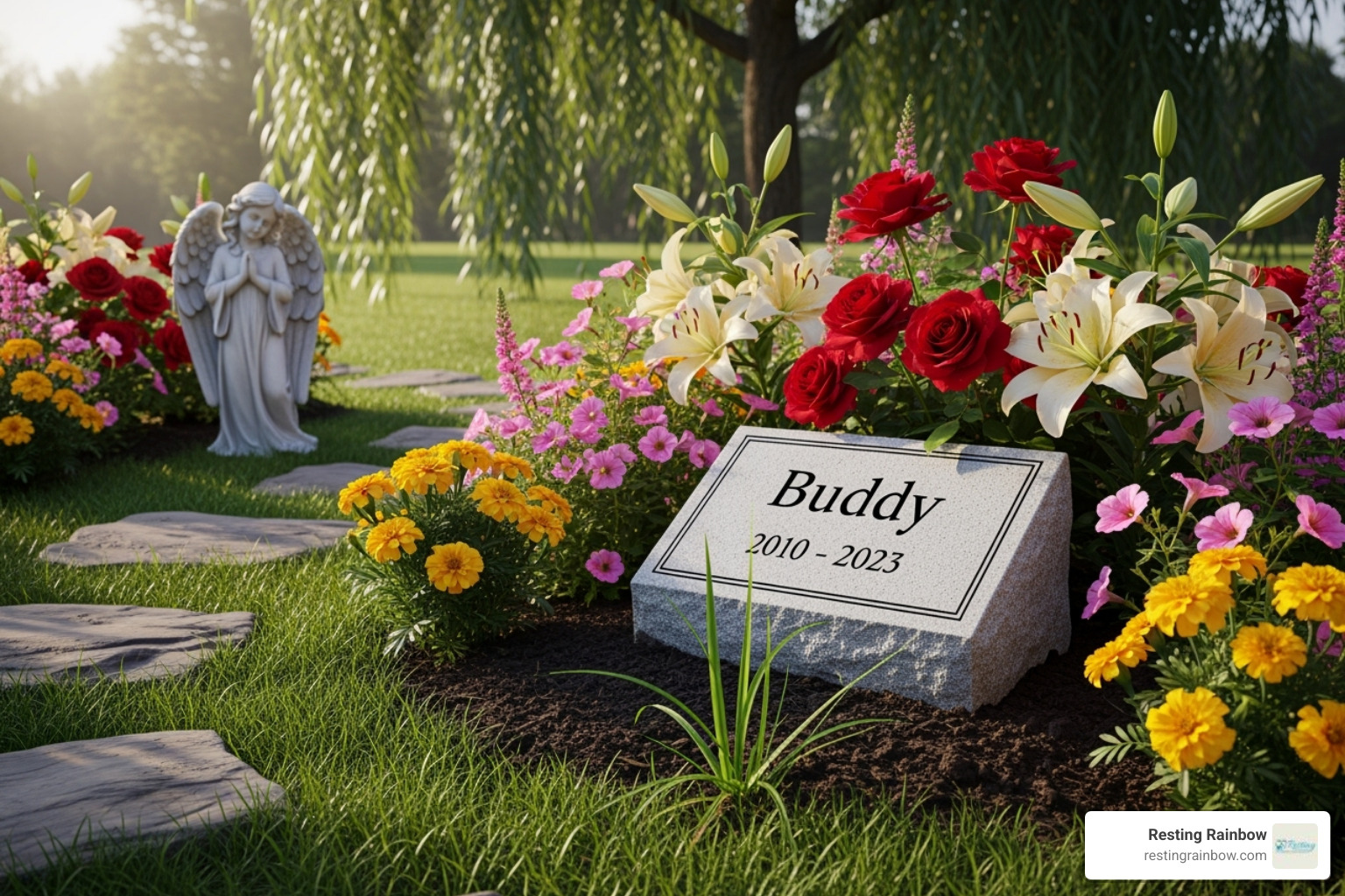 A peaceful garden memorial with a personalized stone and blooming flowers, symbolizing remembrance and love. - dog memory keepsake A peaceful garden memorial with a personalized stone and blooming flowers, symbolizing remembrance and love. - dog memory keepsake