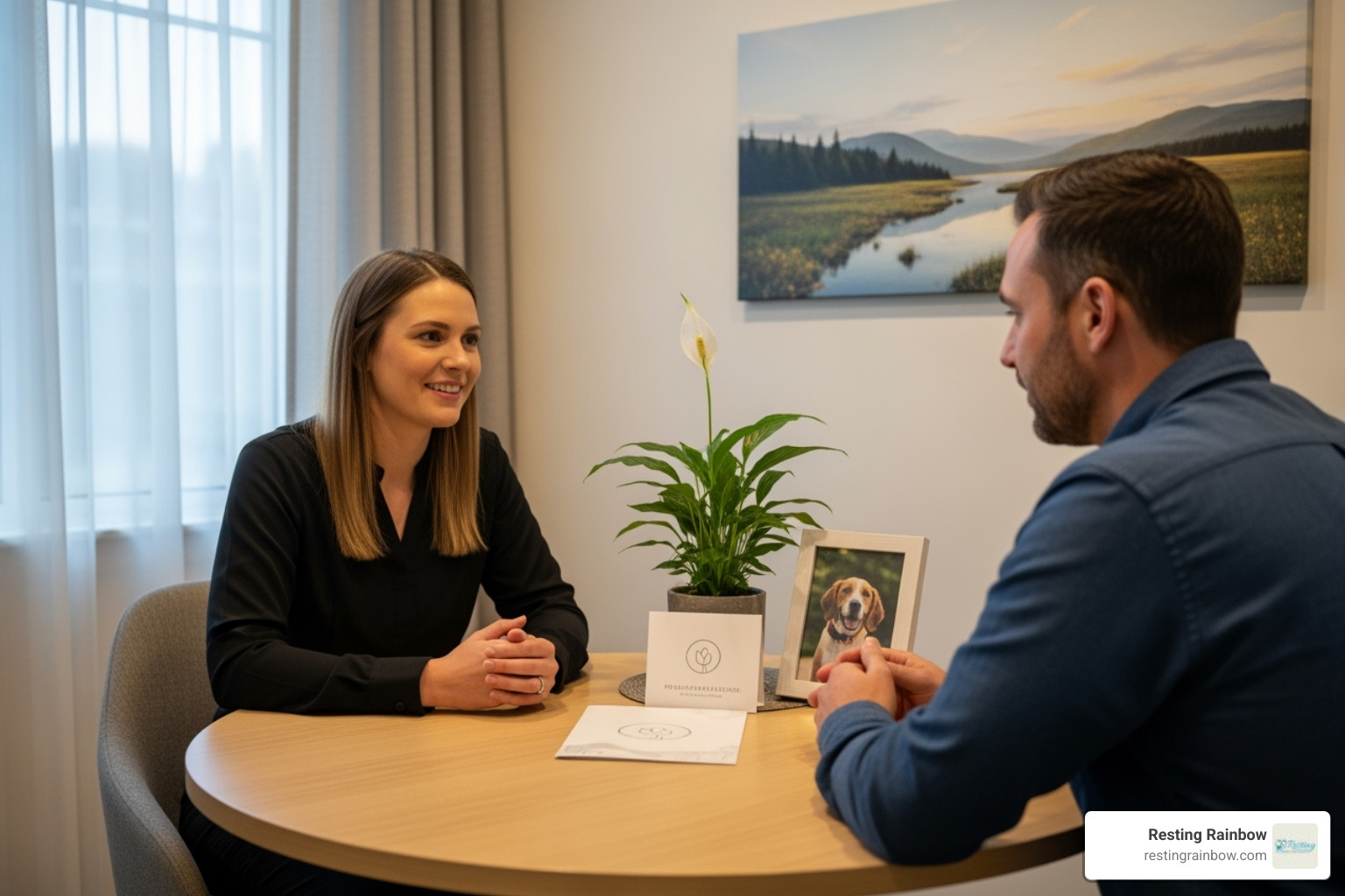 A compassionate aftercare professional speaking gently with a pet owner, highlighting trust and transparency in the process. - pet cremation pre planning