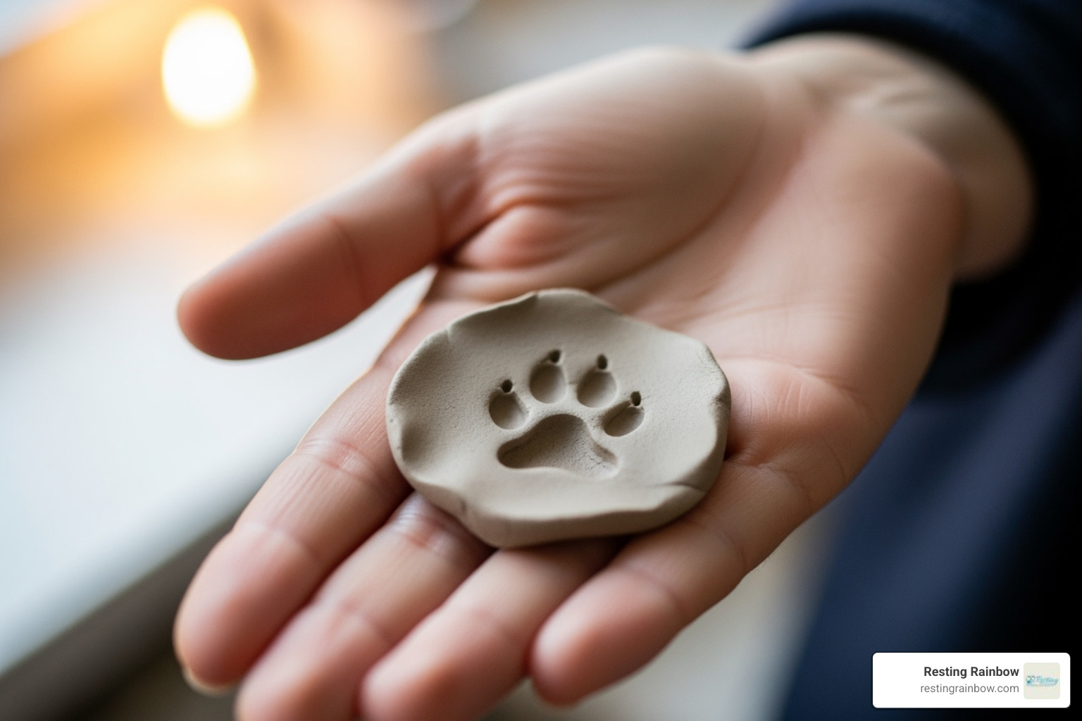 A gentle hand holding a paw print impression, symbolizing remembrance and the enduring bond between you and your pet. - dog cremation near me A gentle hand holding a paw print impression, symbolizing remembrance and the enduring bond between you and your pet. - dog cremation near me