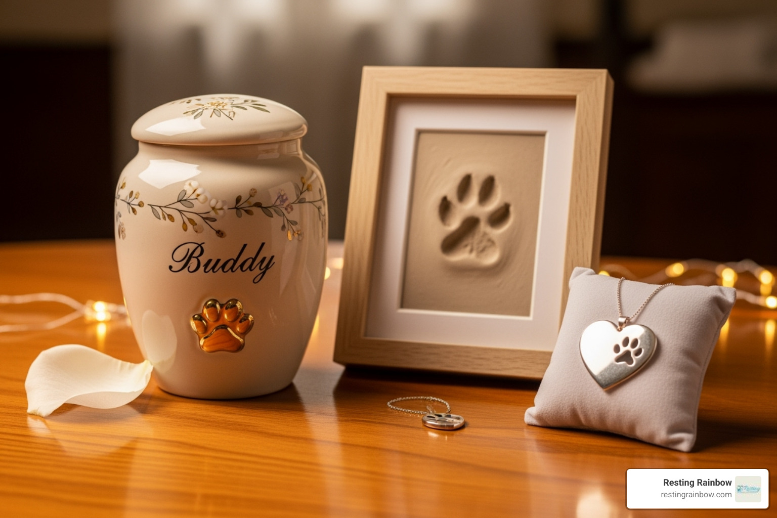 A display of pet memorial items, including a custom urn, a paw print impression, and memorial jewelry, representing ways to honor your dog's memory. - dog cremation near me A display of pet memorial items, including a custom urn, a paw print impression, and memorial jewelry, representing ways to honor your dog's memory. - dog cremation near me