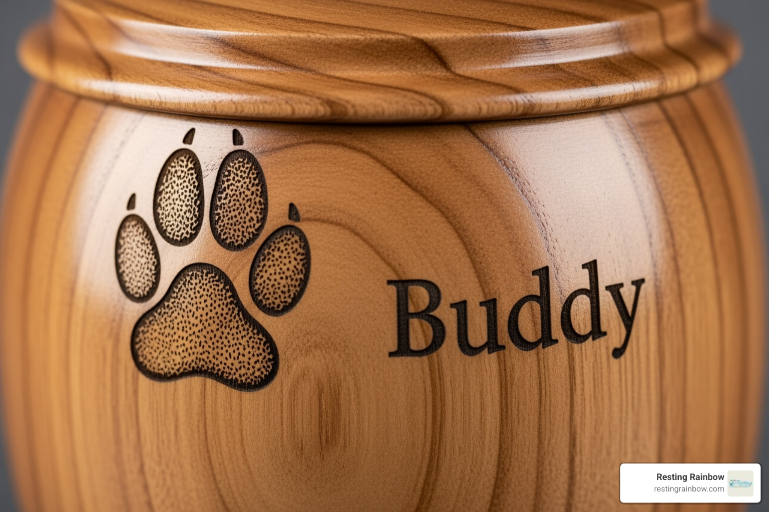 close-up shot of a laser-engraved paw print and name on a wooden urn - urns for dogs ashes near me