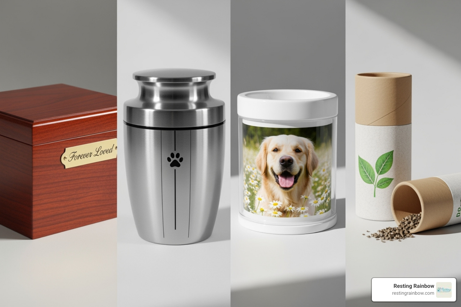 collage showcasing various urn types: a classic wooden box, a sleek metal urn, a custom photo urn, and a biodegradable scattering tube - urns for dogs ashes near me