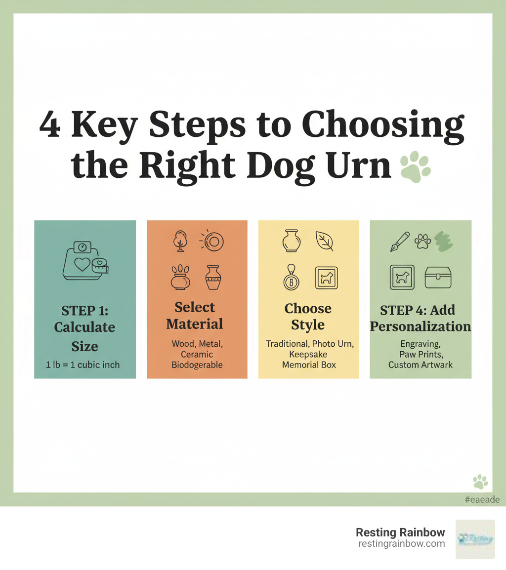 Infographic showing 4 key steps to choosing the right dog urn: Step 1 - Calculate Size (1 pound = 1 cubic inch), Step 2 - Select Material (wood, metal, ceramic, biodegradable), Step 3 - Choose Style (traditional, photo urn, keepsake, memorial box), Step 4 - Add Personalization (engraving, paw prints, custom artwork) - urns for dogs ashes near me infographic 