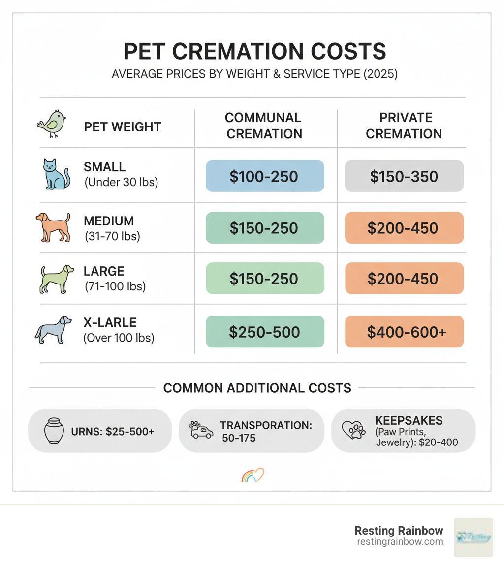Detailed infographic breaking down pet cremation costs by pet weight and service type, including average prices for small pets (under 30 lbs), medium pets (31-70 lbs), large pets (71-100 lbs), and extra-large pets (over 100 lbs), with separate columns showing communal, individual, and private cremation price ranges, plus common additional costs like urns, transportation, and keepsakes - cremating your pet cost infographic 