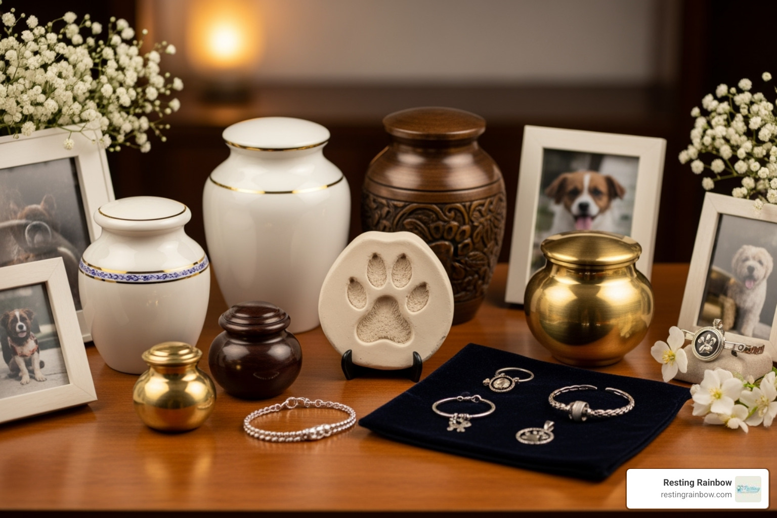 A tasteful display of various pet memorial products, including urns, a clay paw print, and cremation jewelry. - cremating your pet cost