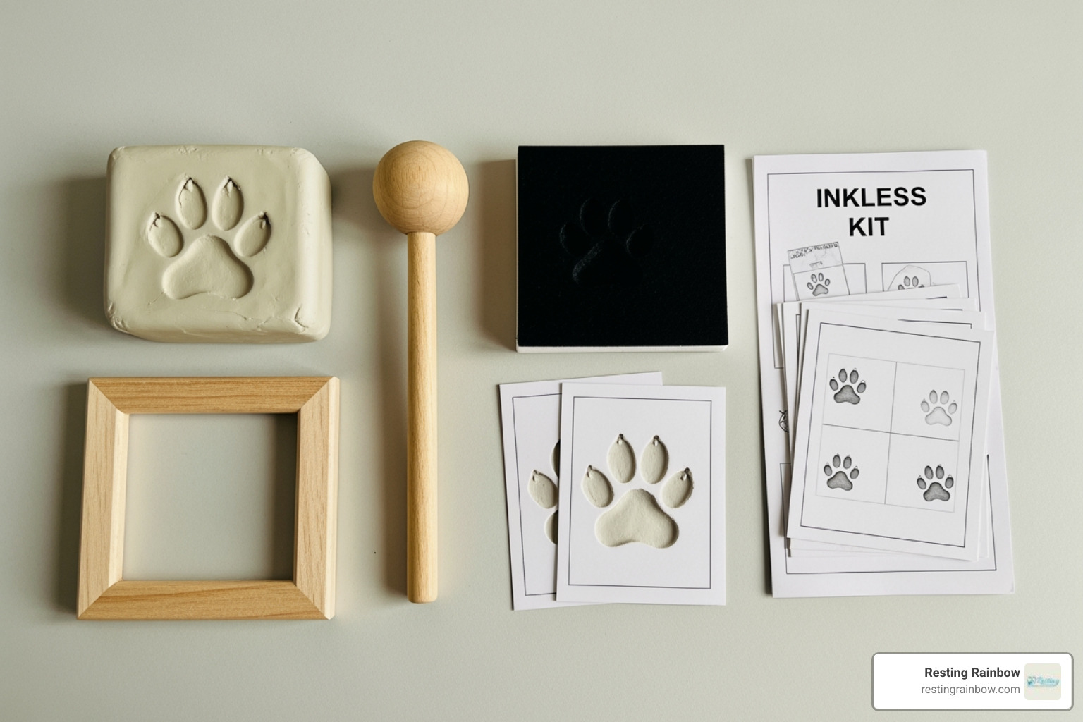 contents of a clay impression kit and an inkless print kit laid out side-by-side - dog footprint keepsake contents of a clay impression kit and an inkless print kit laid out side-by-side - dog footprint keepsake