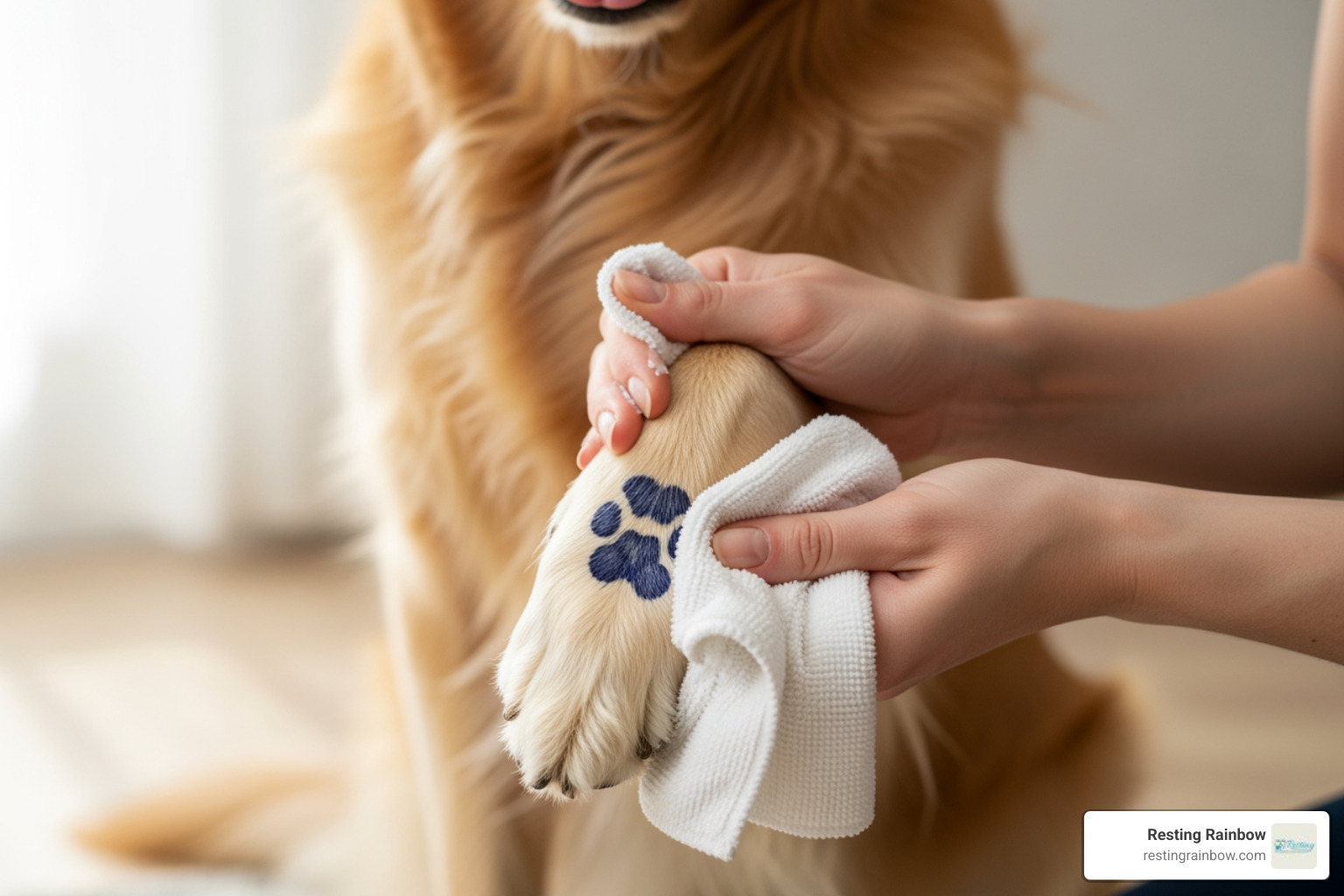 person gently cleaning a dog's paw with a soft cloth after making a print - dog footprint keepsake person gently cleaning a dog's paw with a soft cloth after making a print - dog footprint keepsake