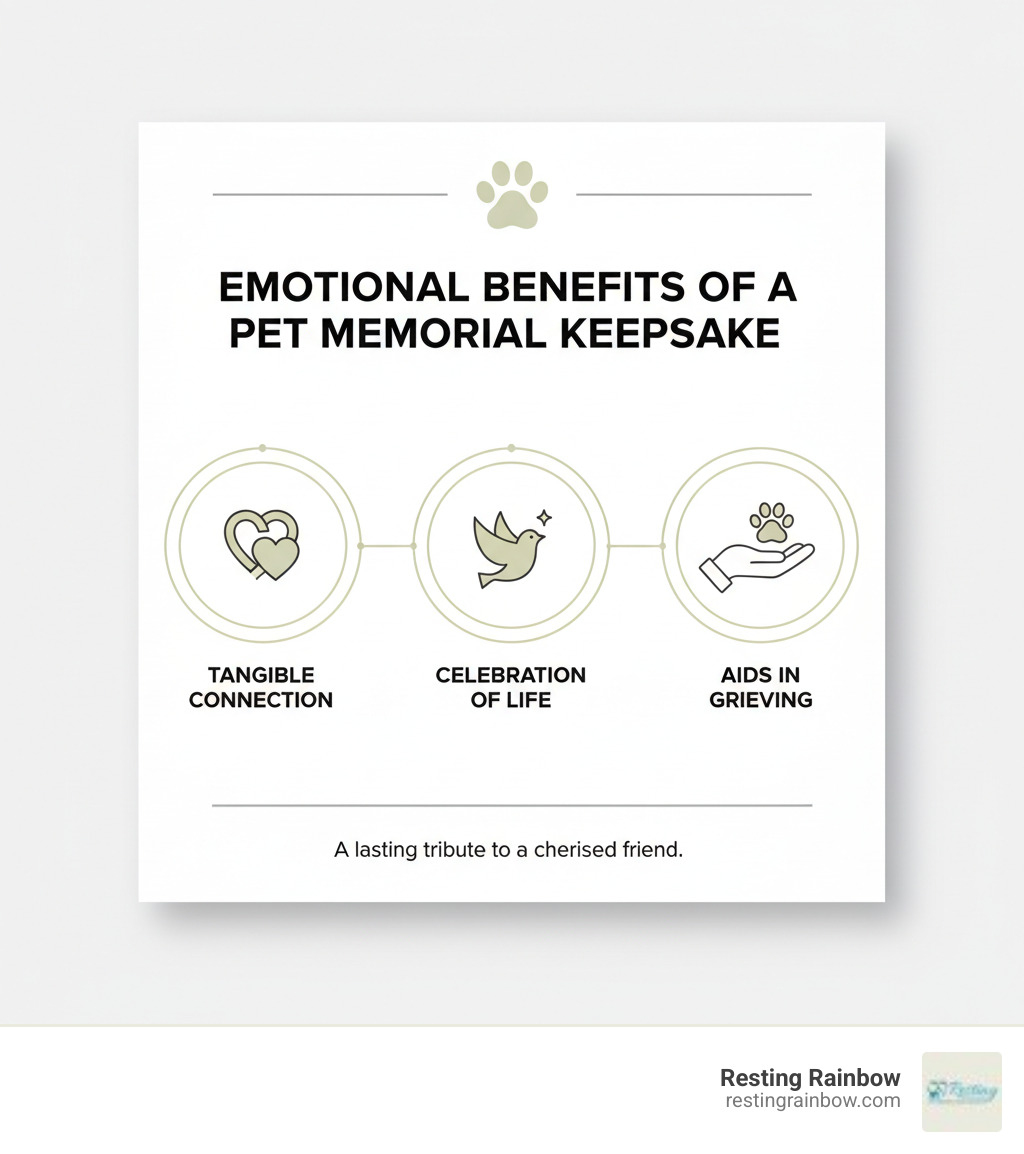 Infographic showing the emotional benefits of creating a pet memorial keepsake, with concepts like "Tangible Connection," "Celebration of Life," and "Aids in Grieving." - dog footprint keepsake infographic Infographic showing the emotional benefits of creating a pet memorial keepsake, with concepts like "Tangible Connection," "Celebration of Life," and "Aids in Grieving." - dog footprint keepsake infographic