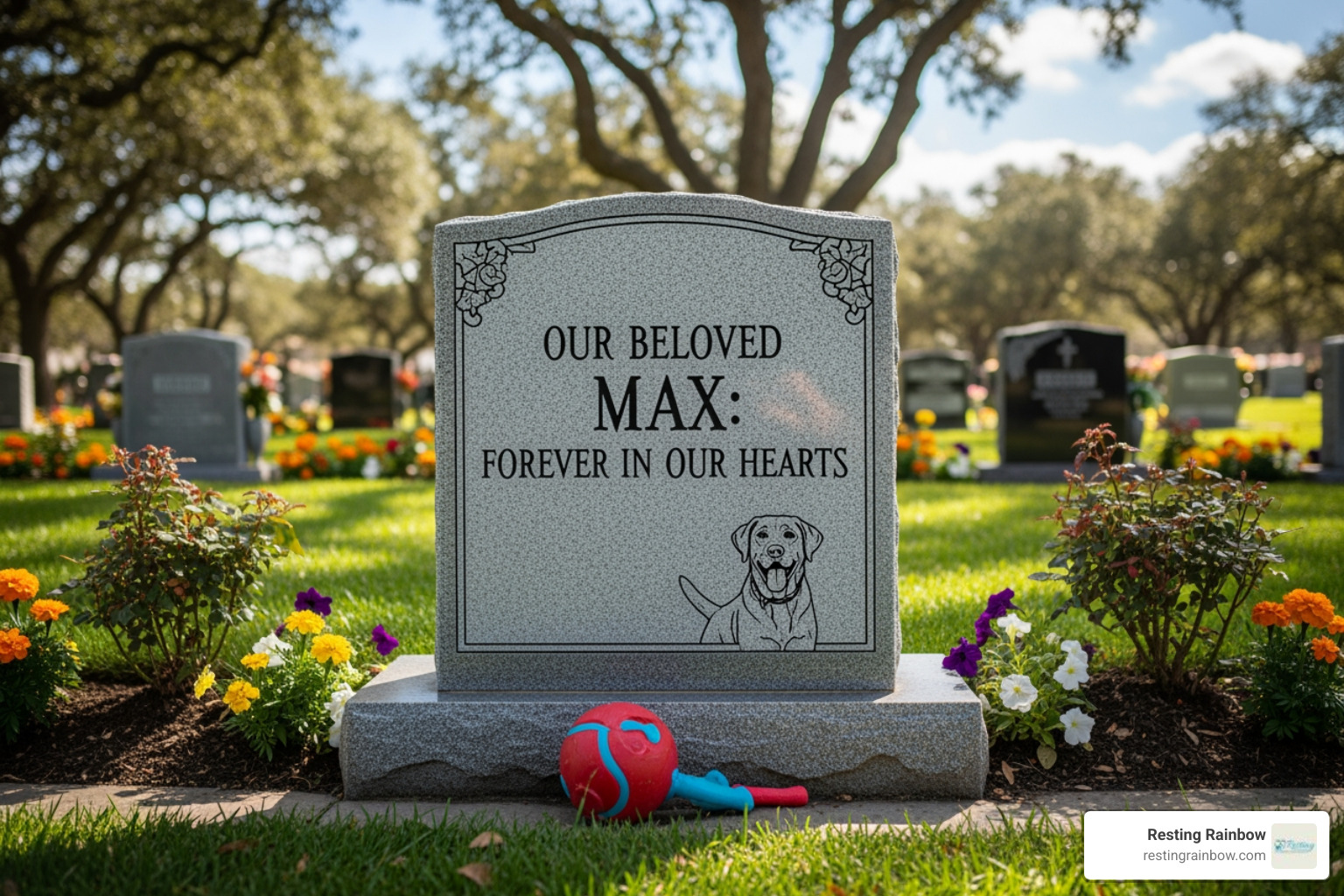 Close-up of a personalized dog headstone in a Dallas pet cemetery, with a heartfelt epitaph and a favorite toy left by the grave. Close-up of a personalized dog headstone in a Dallas pet cemetery, with a heartfelt epitaph and a favorite toy left by the grave.