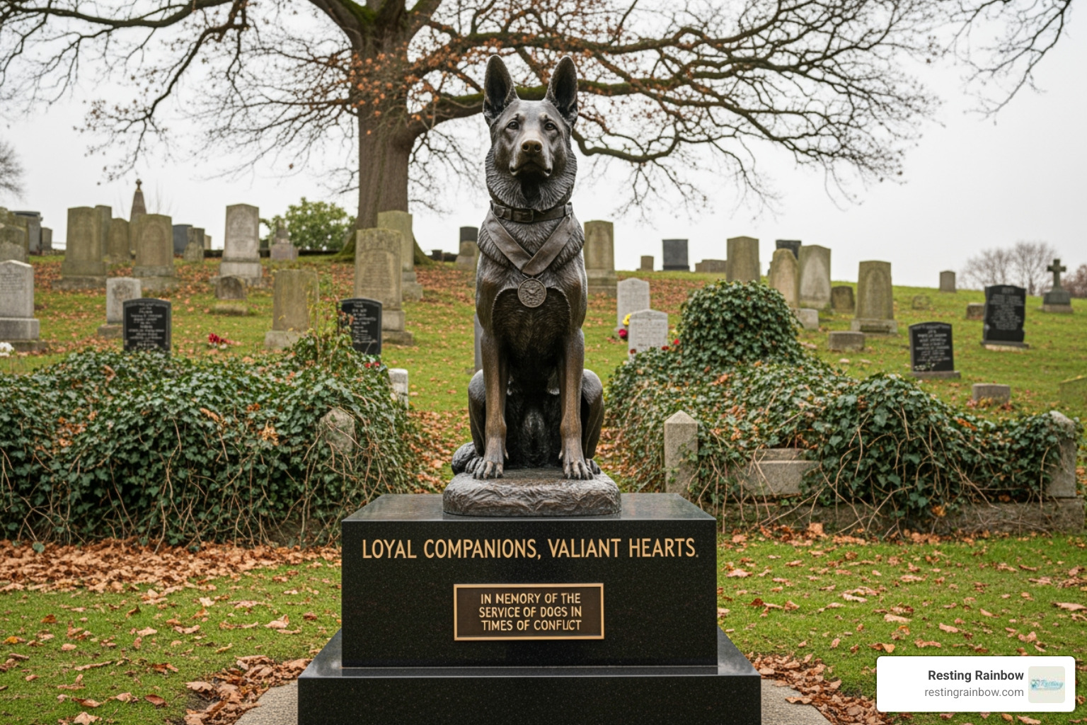 Historic pet cemetery monument, such as a war dog memorial statue, symbolizing the respect and honor given to animal companions. Historic pet cemetery monument, such as a war dog memorial statue, symbolizing the respect and honor given to animal companions.