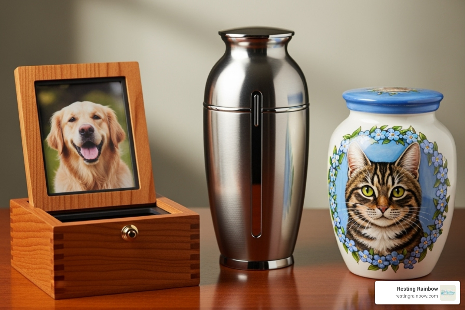 Three popular cremation pet urn styles: a wooden photo box urn displaying a pet's picture, a sleek metallic urn with a modern design, and a custom-painted ceramic urn featuring a pet's portrait. - cremation pet urns Three popular cremation pet urn styles: a wooden photo box urn displaying a pet's picture, a sleek metallic urn with a modern design, and a custom-painted ceramic urn featuring a pet's portrait. - cremation pet urns