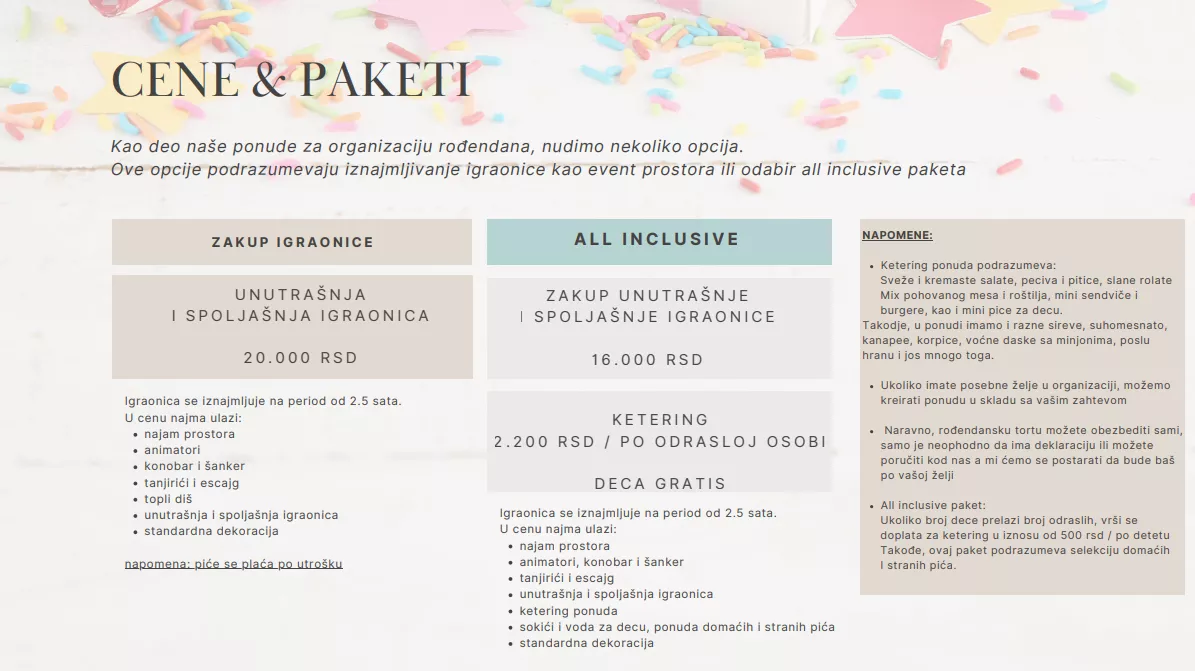 Price list for indoor and outdoor playroom rental and all-inclusive birthday packages, including catering options and notes on services and conditions.