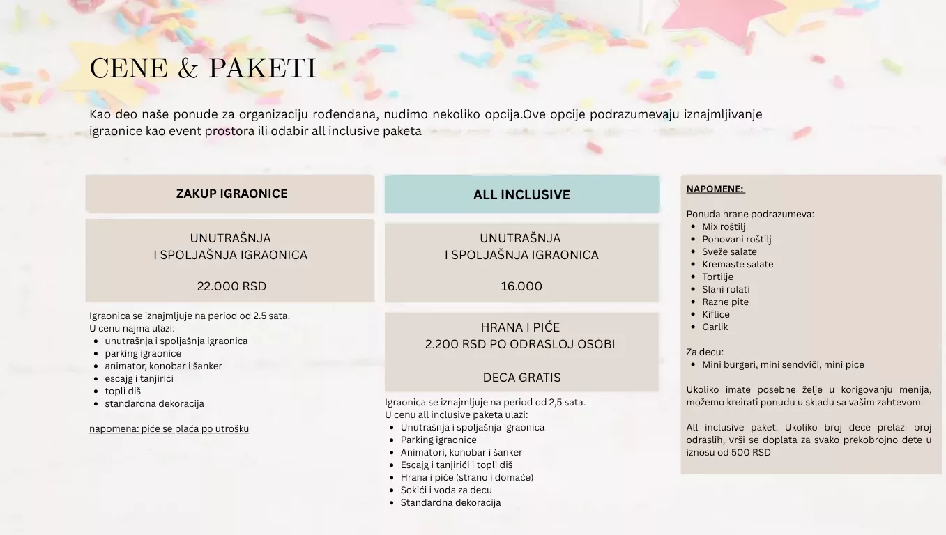 Pricing and packages for birthday party organization with options for renting indoor and outdoor playroom or all inclusive, including catering and details of services provided.