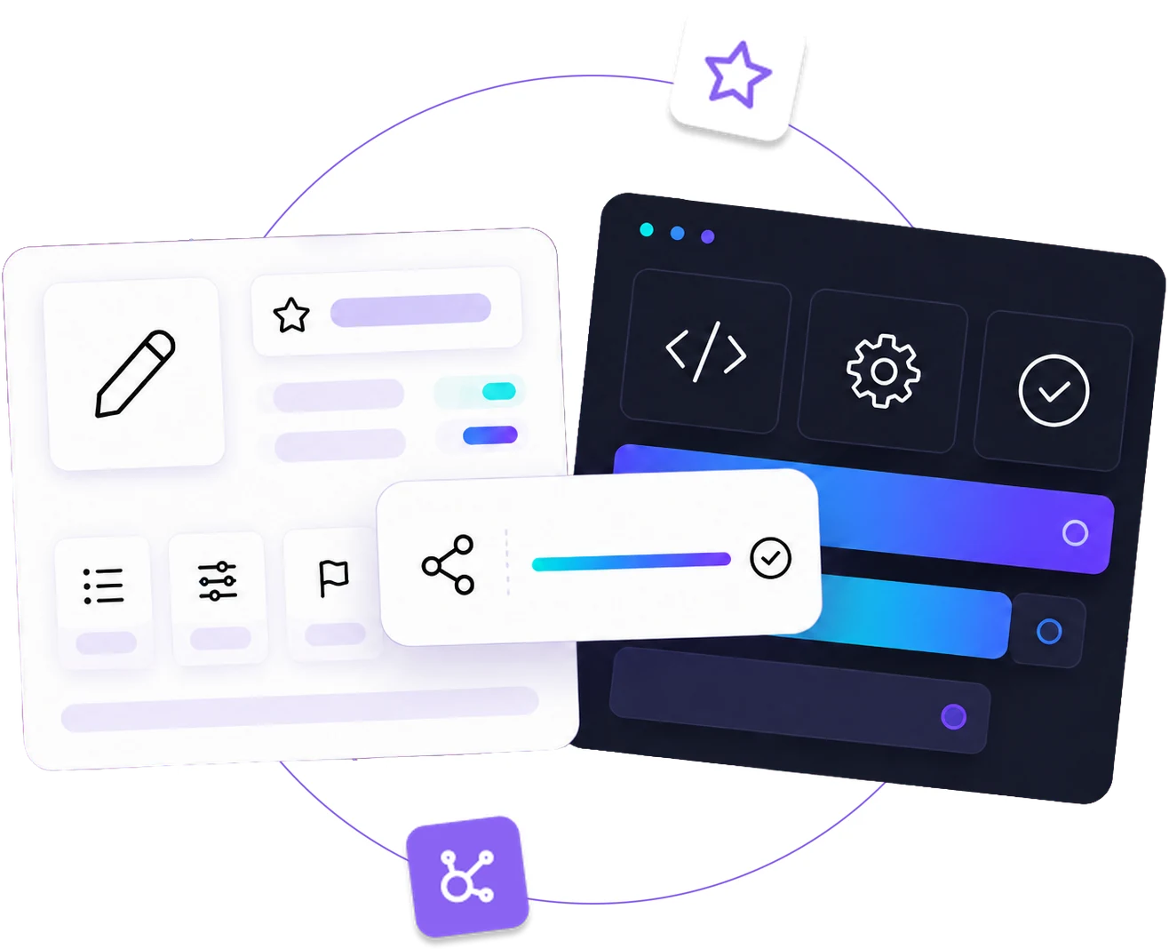 Two product boards side by side, one light and one dark, connected by a shared task bar