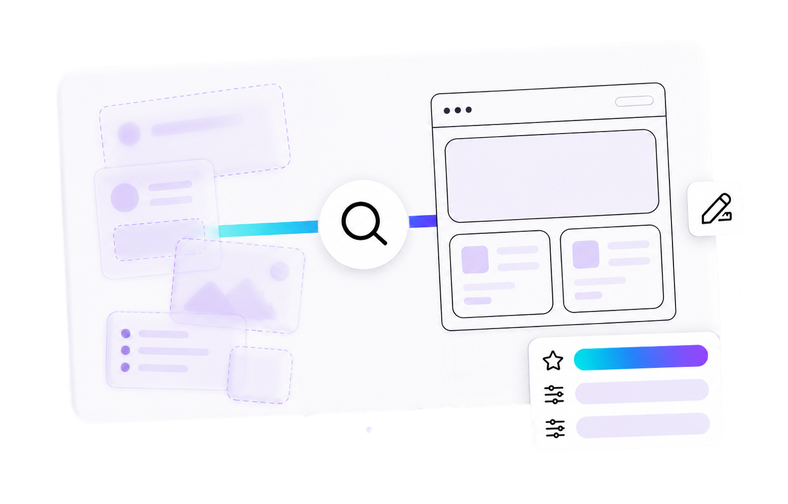 Illustration of product discovery: sketches and notes flowing into a wireframe with a ranked roadmap