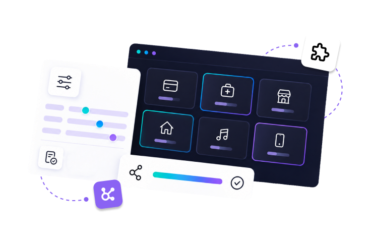 Illustration of an app dashboard with modules for different industries