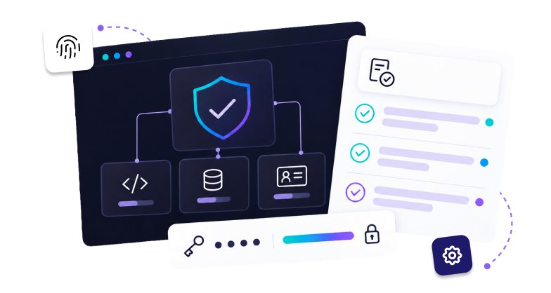 Illustration of a product protected by a security shield with a compliance checklist