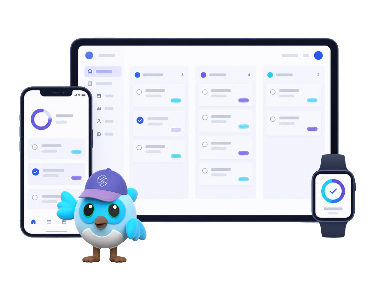 The same Flutter app running on a phone, a tablet and a watch, with the Dash mascot