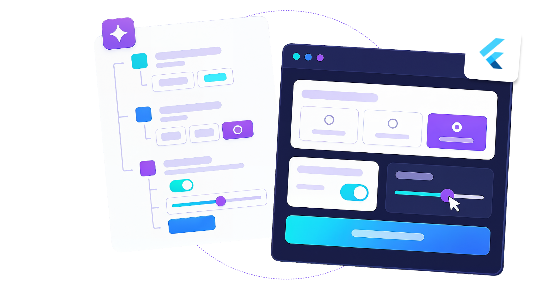 A UI specification tree rendered by Flutter as a live interface