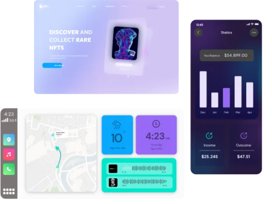 Flutter apps running on a laptop, a phone and an in-car display