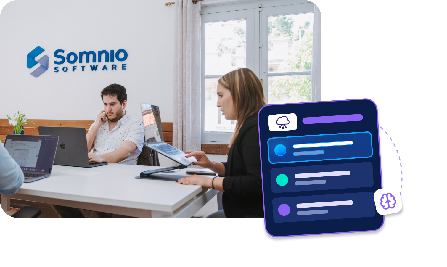 Somnio team working at the office, with a card showing a ranked list of AI use cases