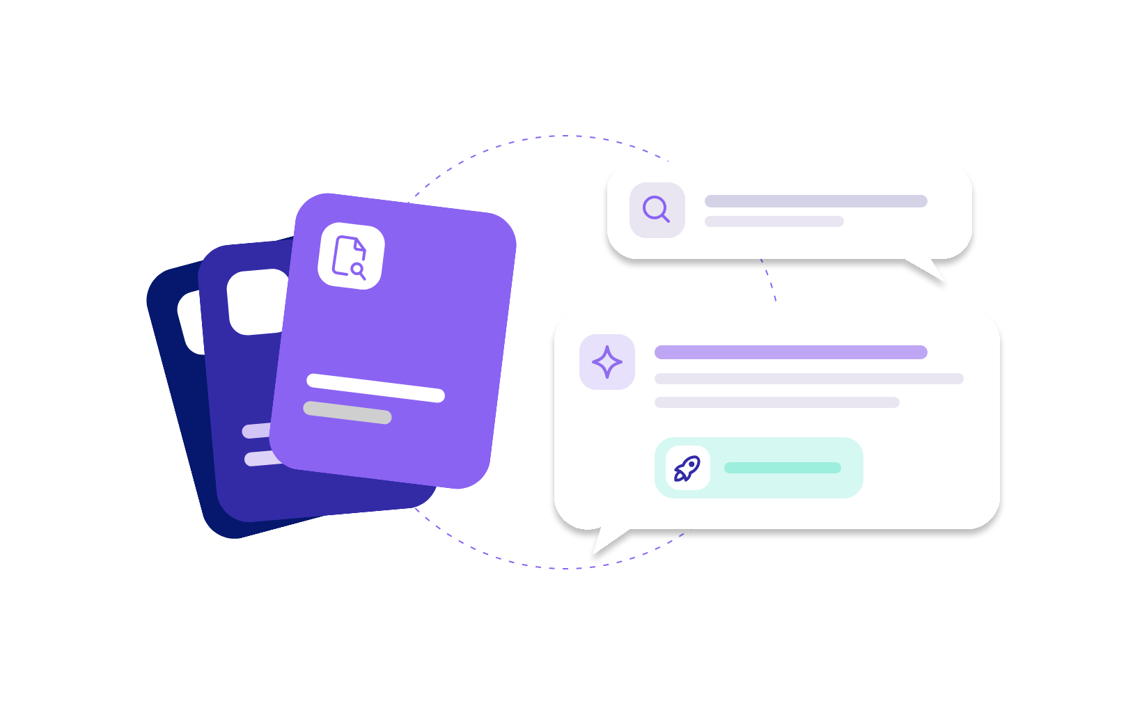 Stack of documents connected to chat answers with a search query and a sourced reply