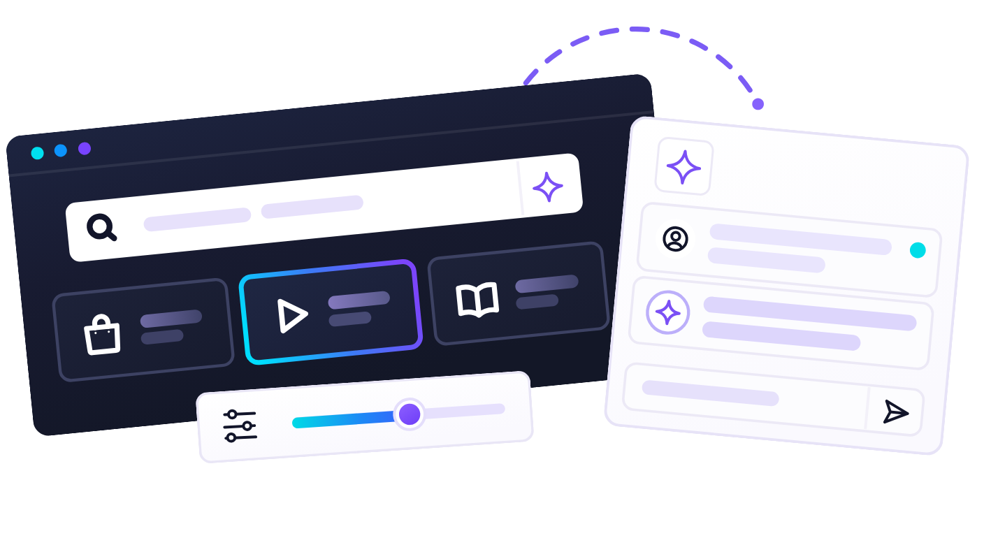 App window with AI search, recommendations and a chat assistant panel