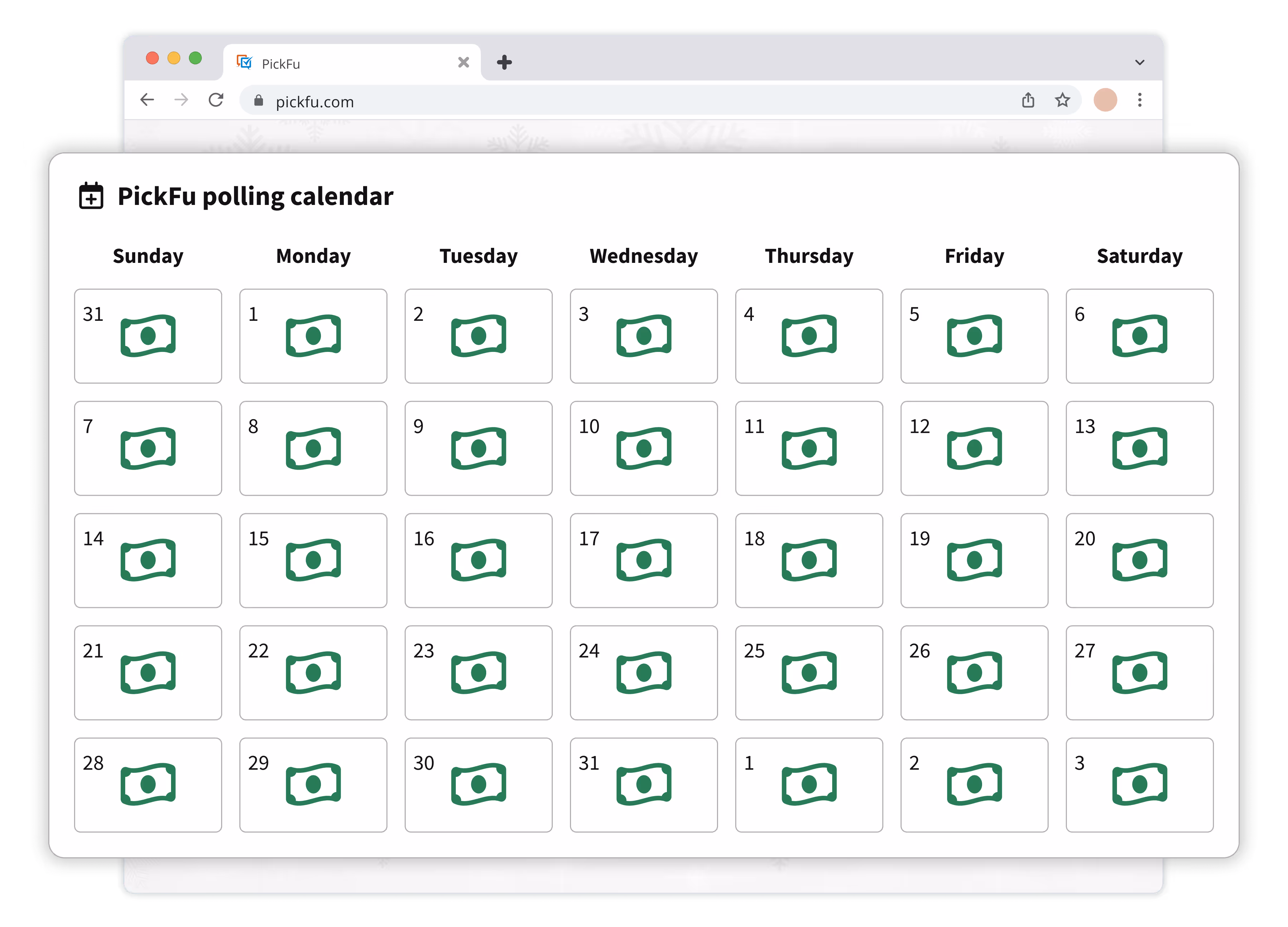 Illustration showing a calendar where every day has a cash symbol.