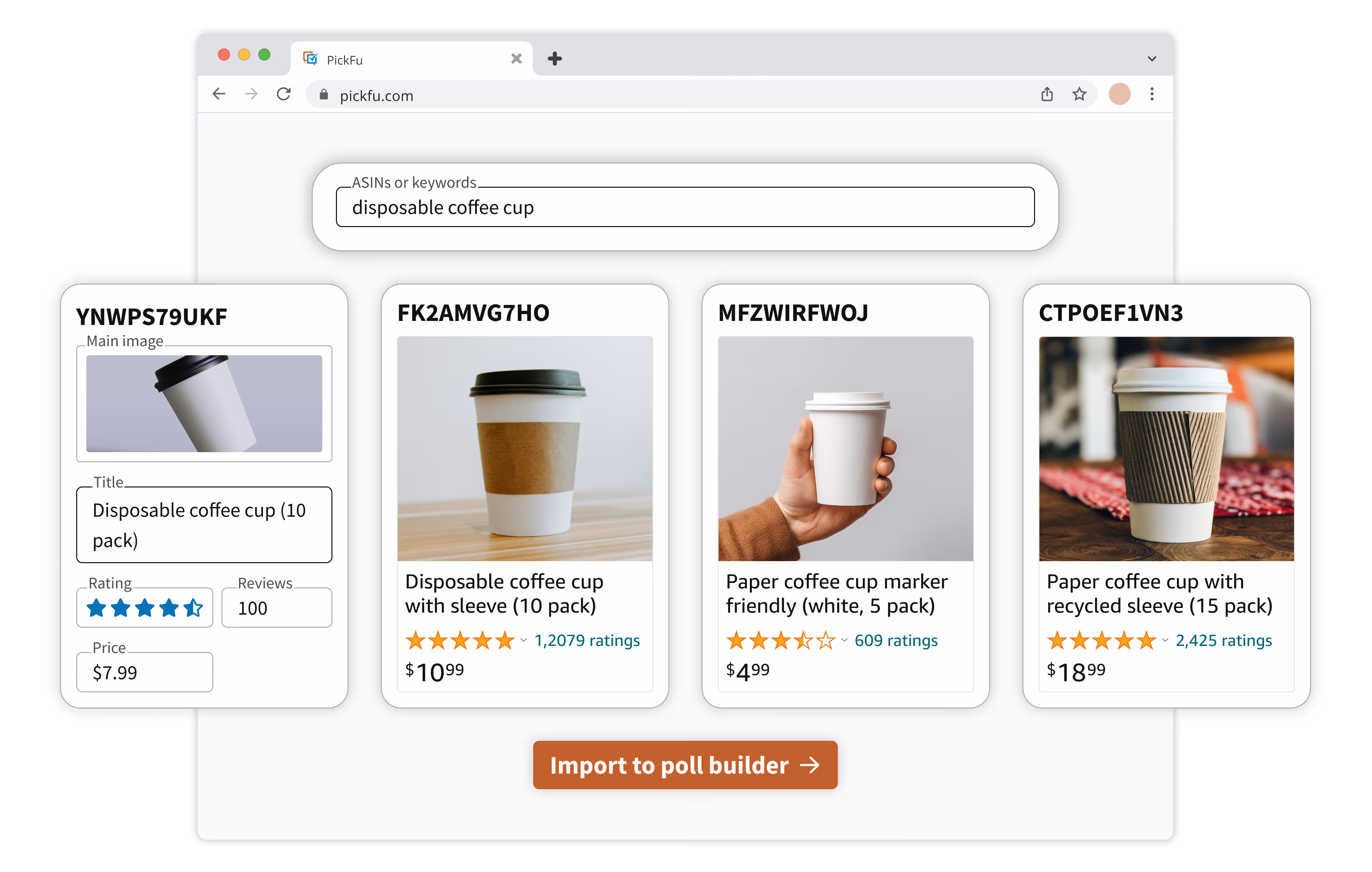 Mockup of the PickFu Amazon mockup generator, showing 4 product mockups for paper coffee cups.