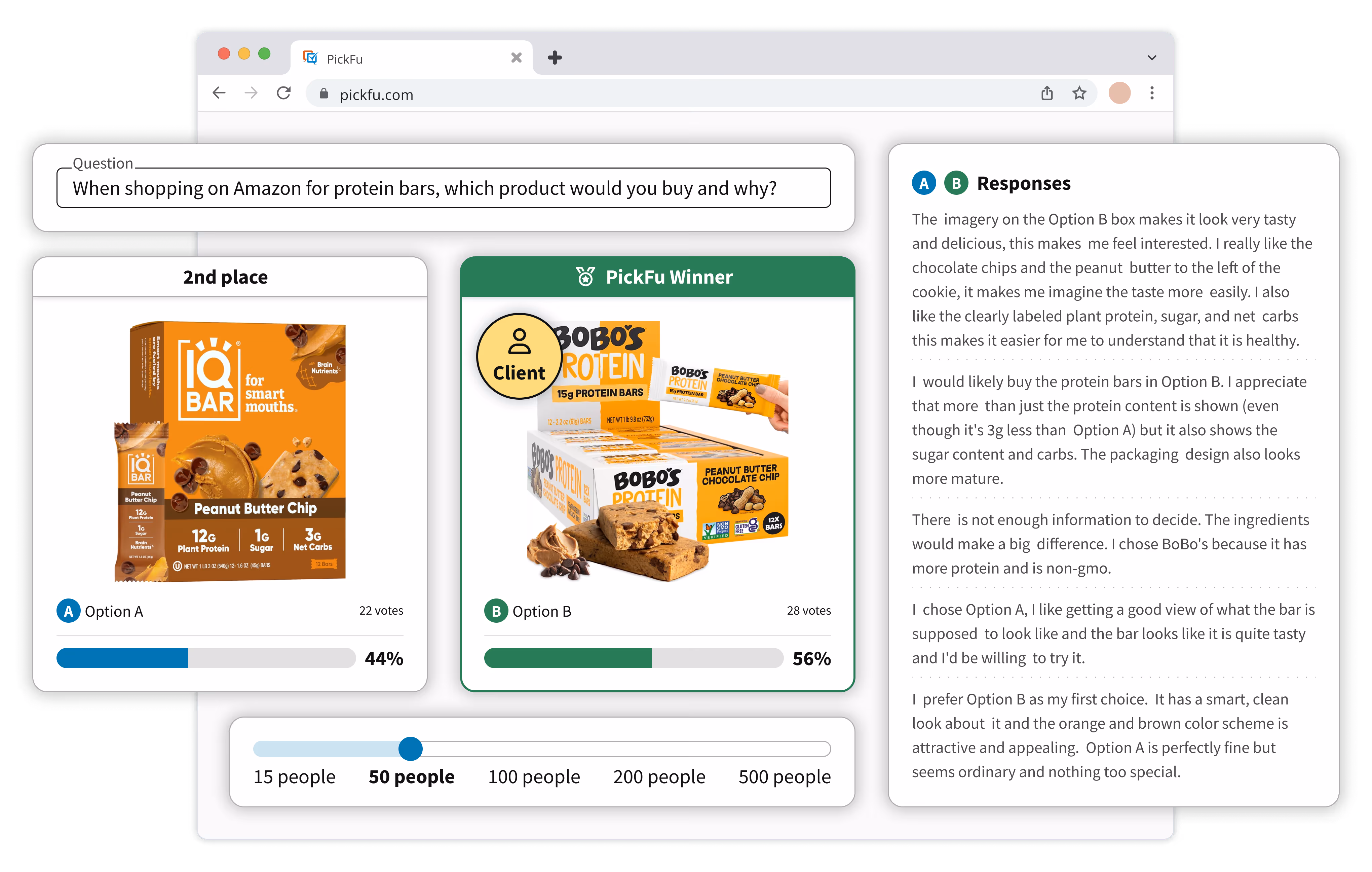 Mockup of a PickFu poll, showing the results of a Head-To-Head between two protein bar images. The client image on the right is winning.