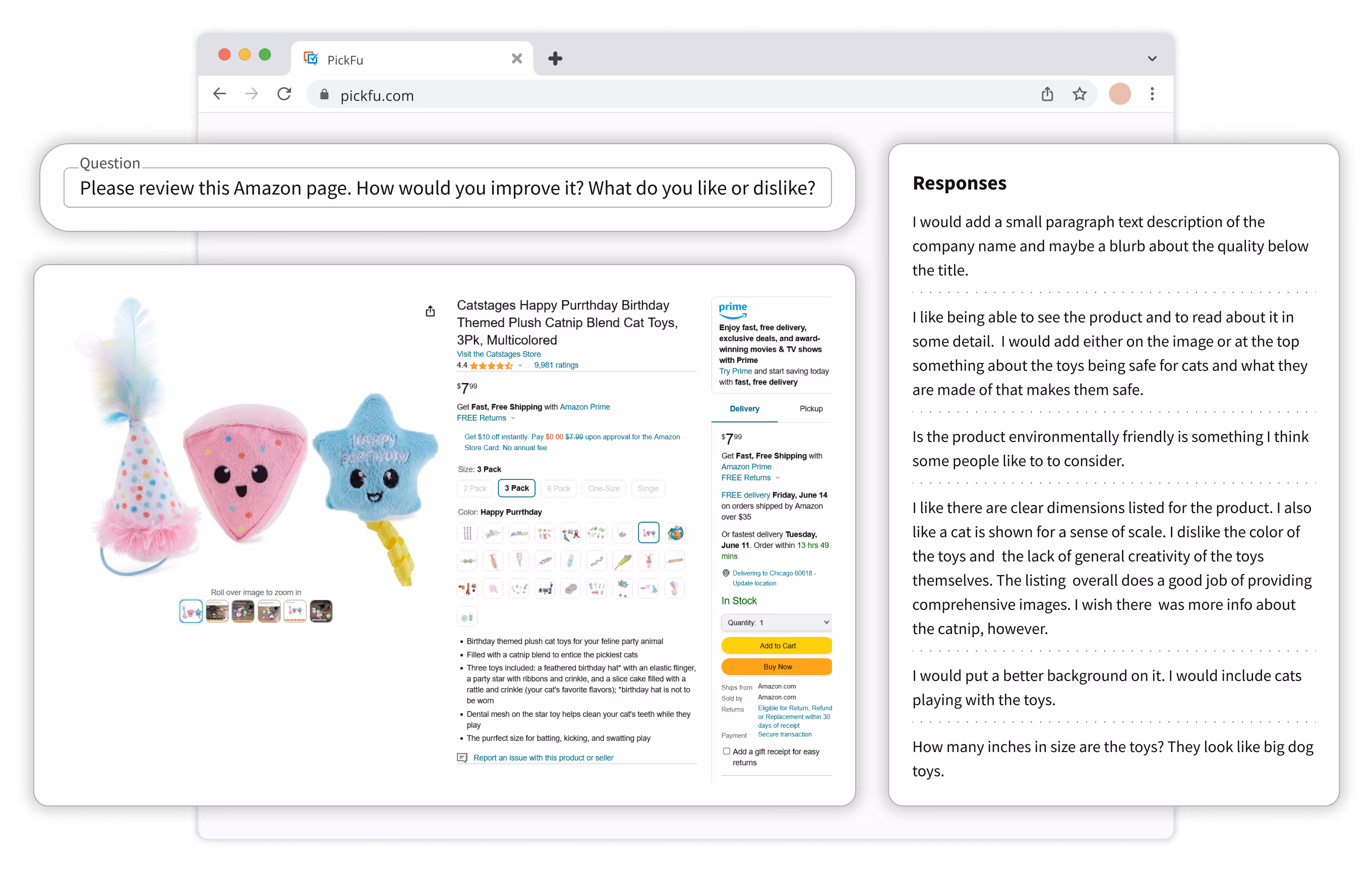Illustration of a PickFu poll, showing an Amazon page improvement test.