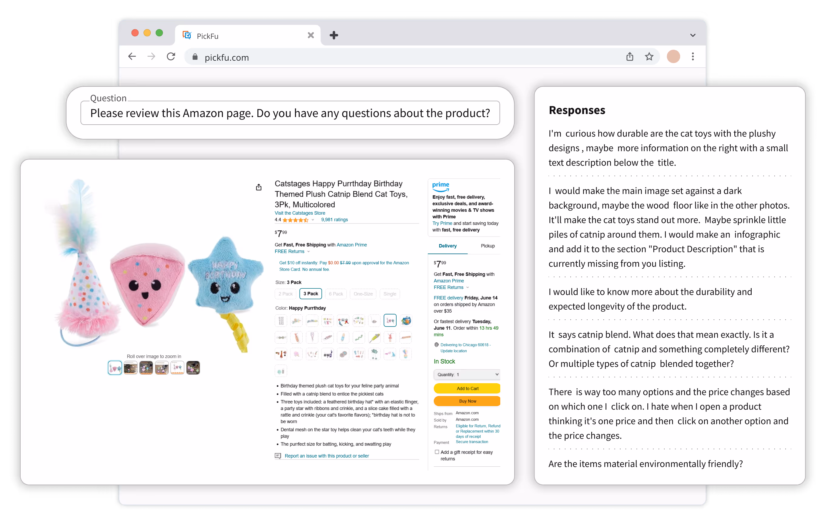 Illustration of a PickFu poll, showing an Amazon listing audit.