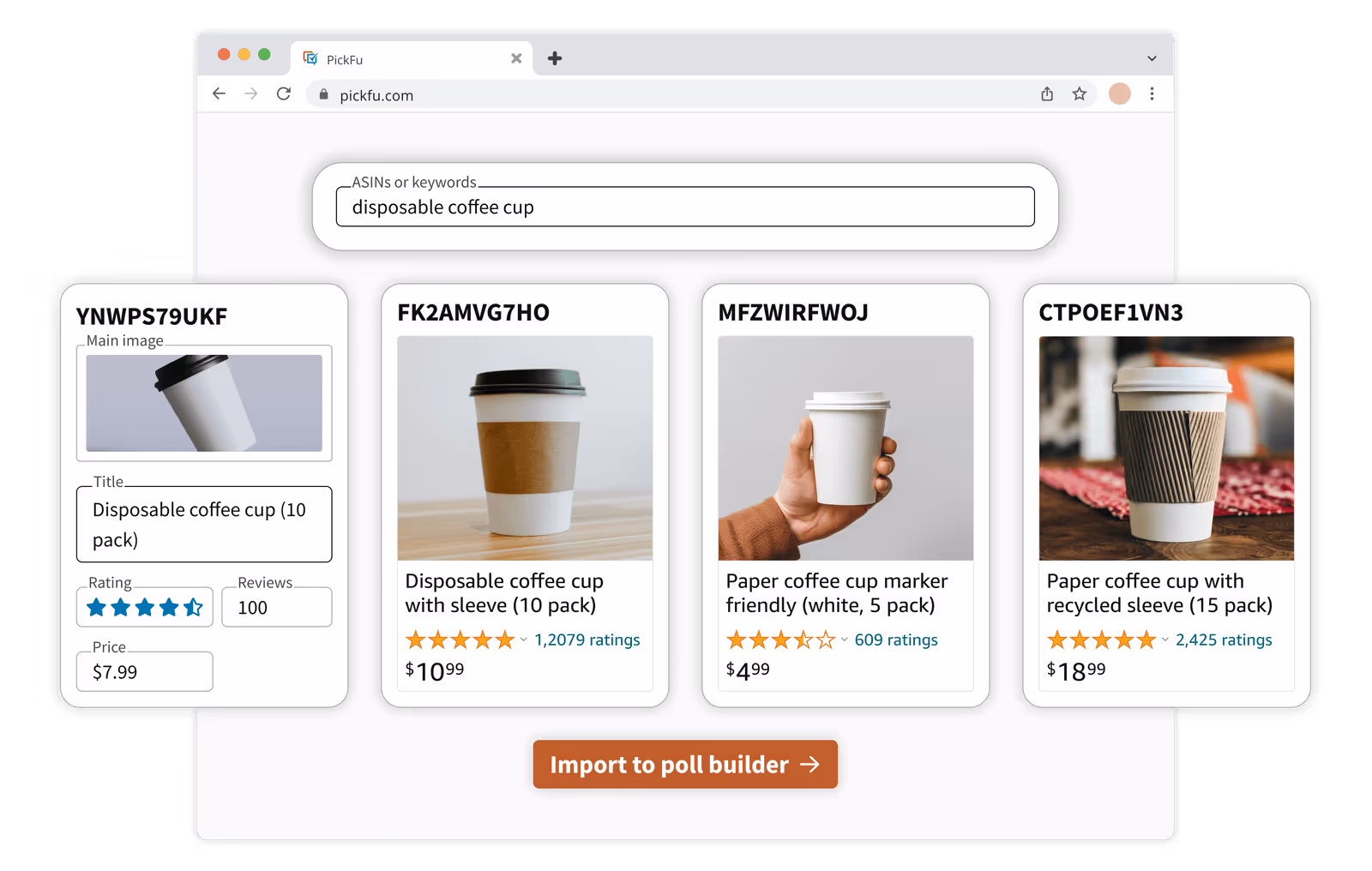 Mockup of the PickFu Amazon Mockup Generator showing four different coffee cup mockups being generated.