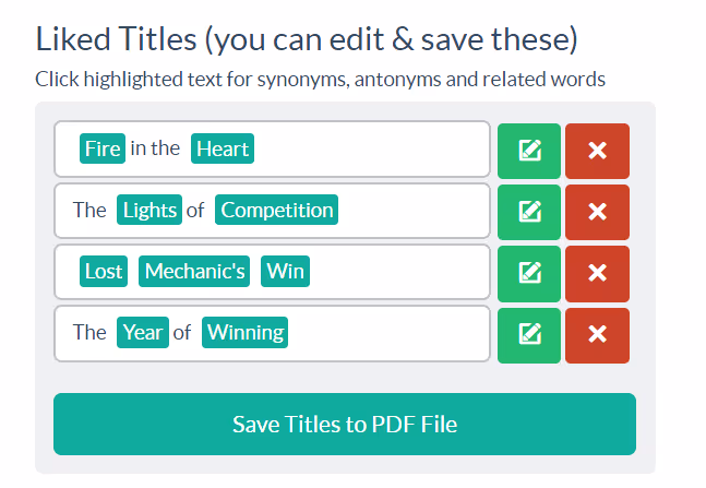 Screenshot of titles that are saved and generated by an AI