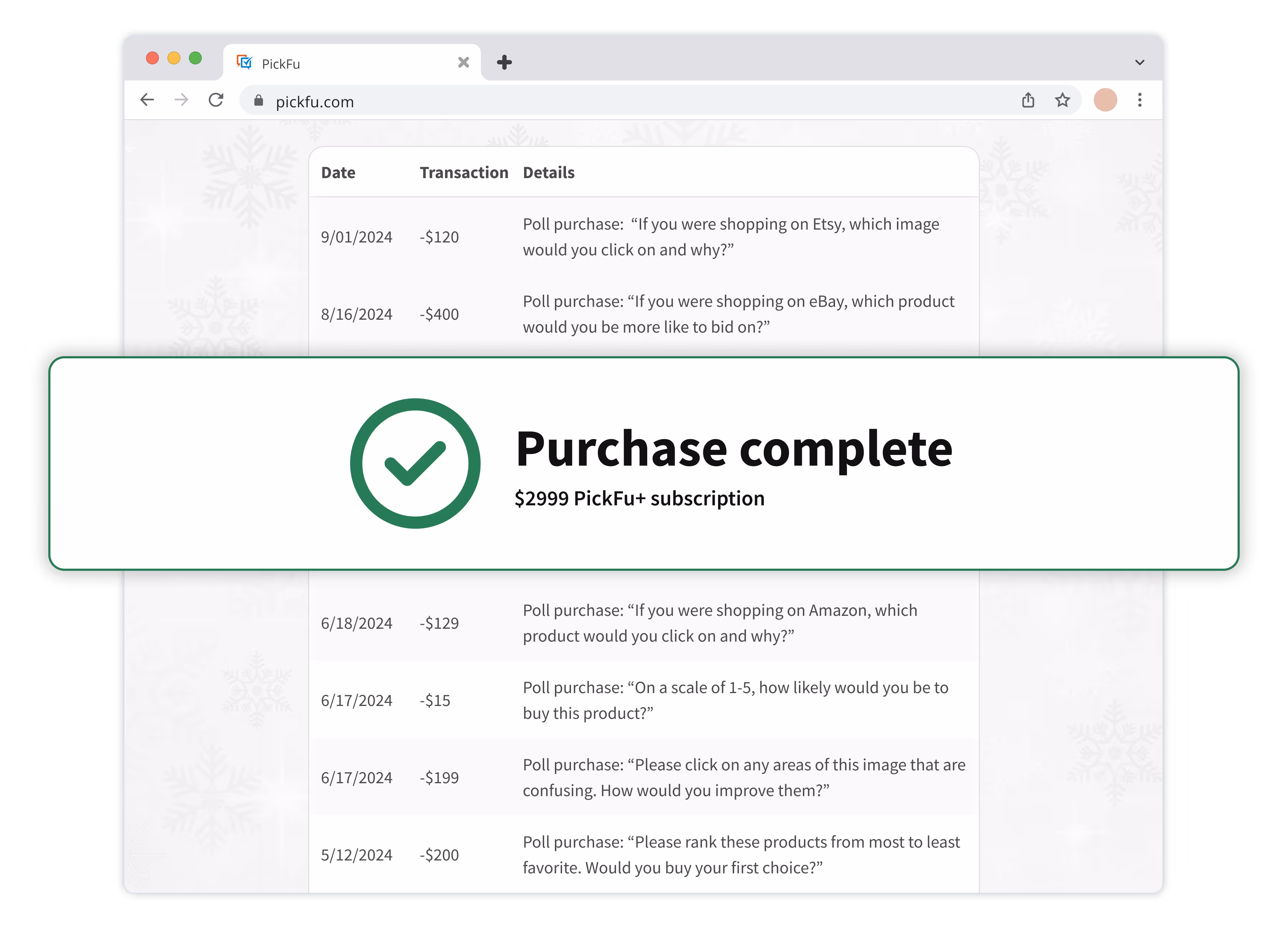 Mockup of a PickFu+ purchase, showing a single purchase covering many polls.