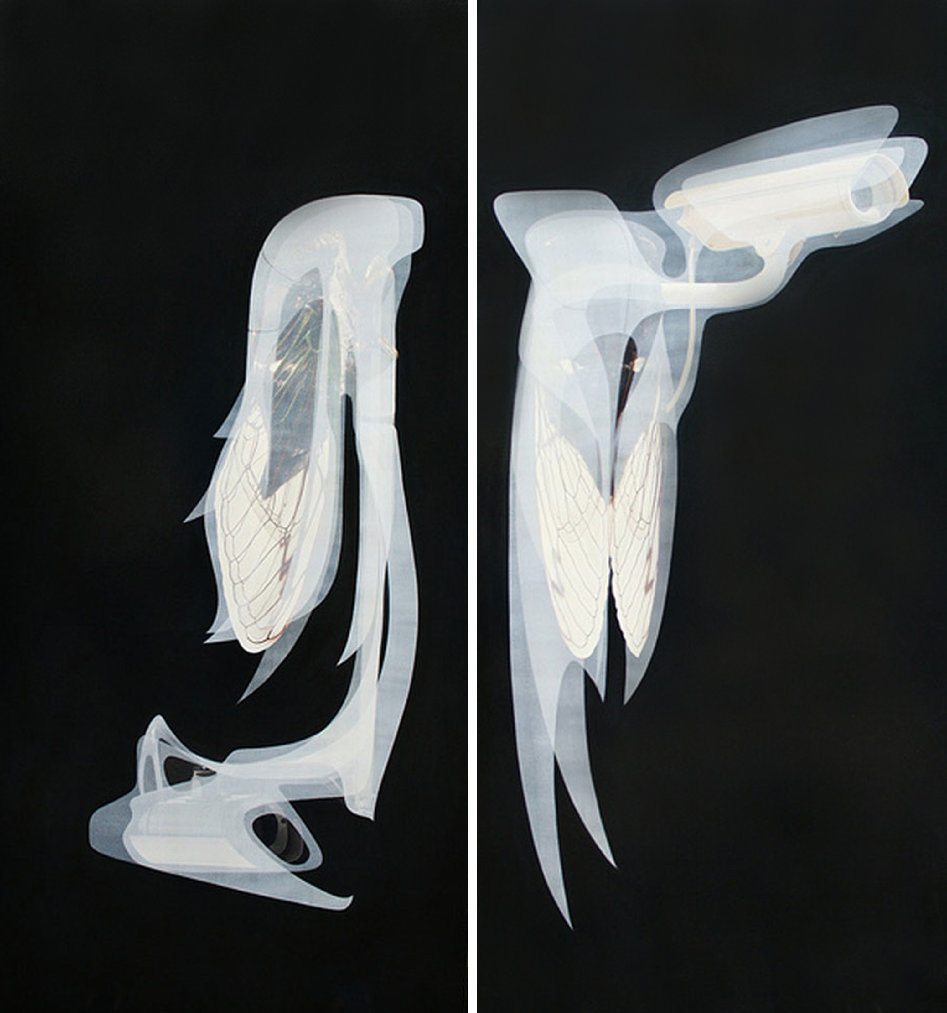 Painting by Ryan Hackett titled Hybrid Transmissions [ Cicada / Surveillance Camera ] 1 & 2.  Click on this image to preview all of the Hybrid Transmission paintings in this body of work.