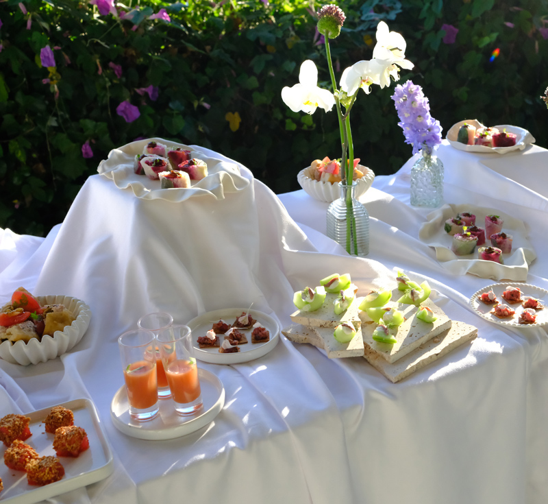 Buffet à domicile scénographié avec bouchées variées et créations culinaires dressées en extérieur