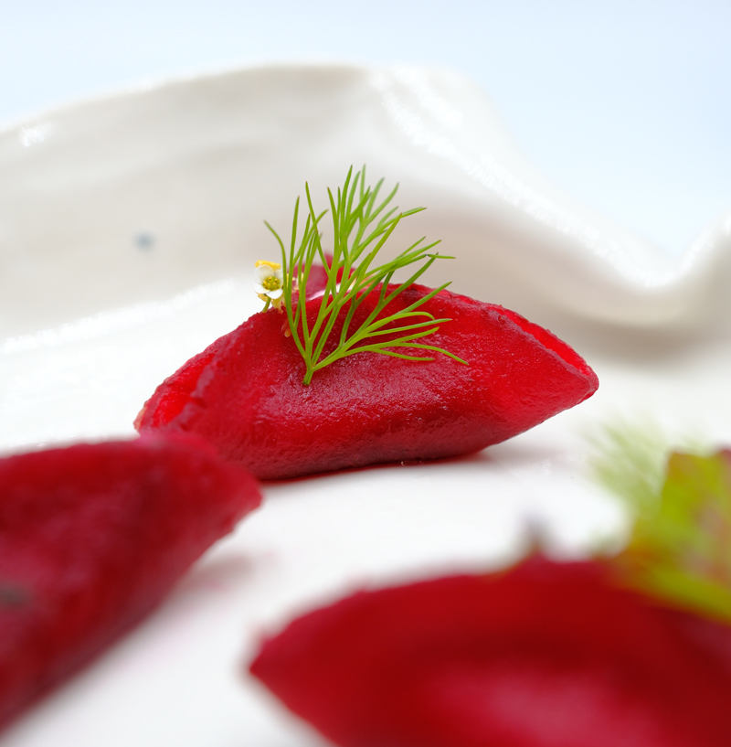 Création végétale colorée dressée à l’assiette pour une prestation de chef à domicile