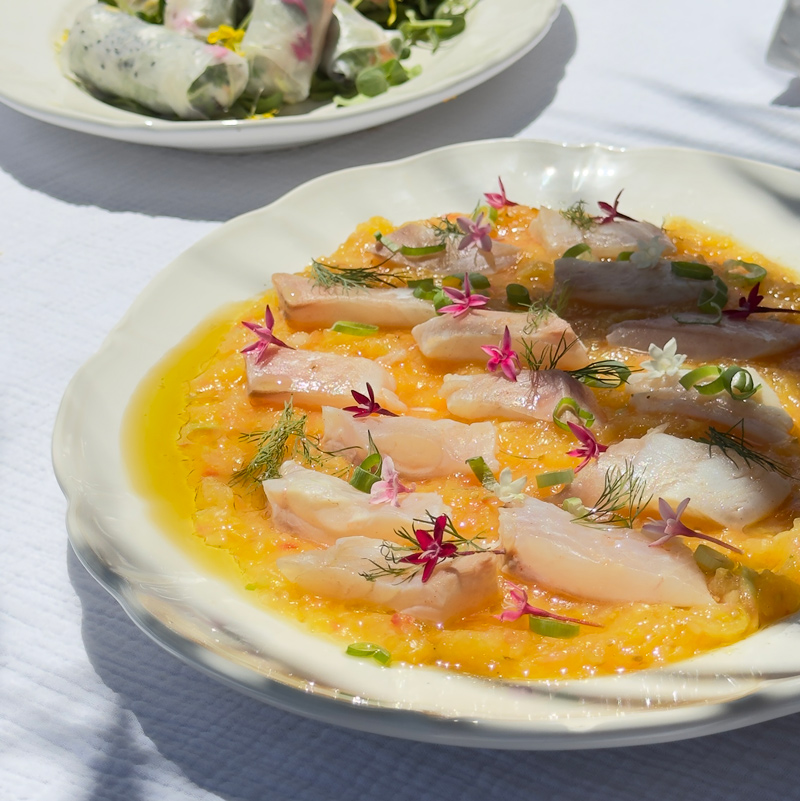 Plat de poisson cru aux agrumes, herbes fraîches et fleurs pour un service à l’assiette à domicile